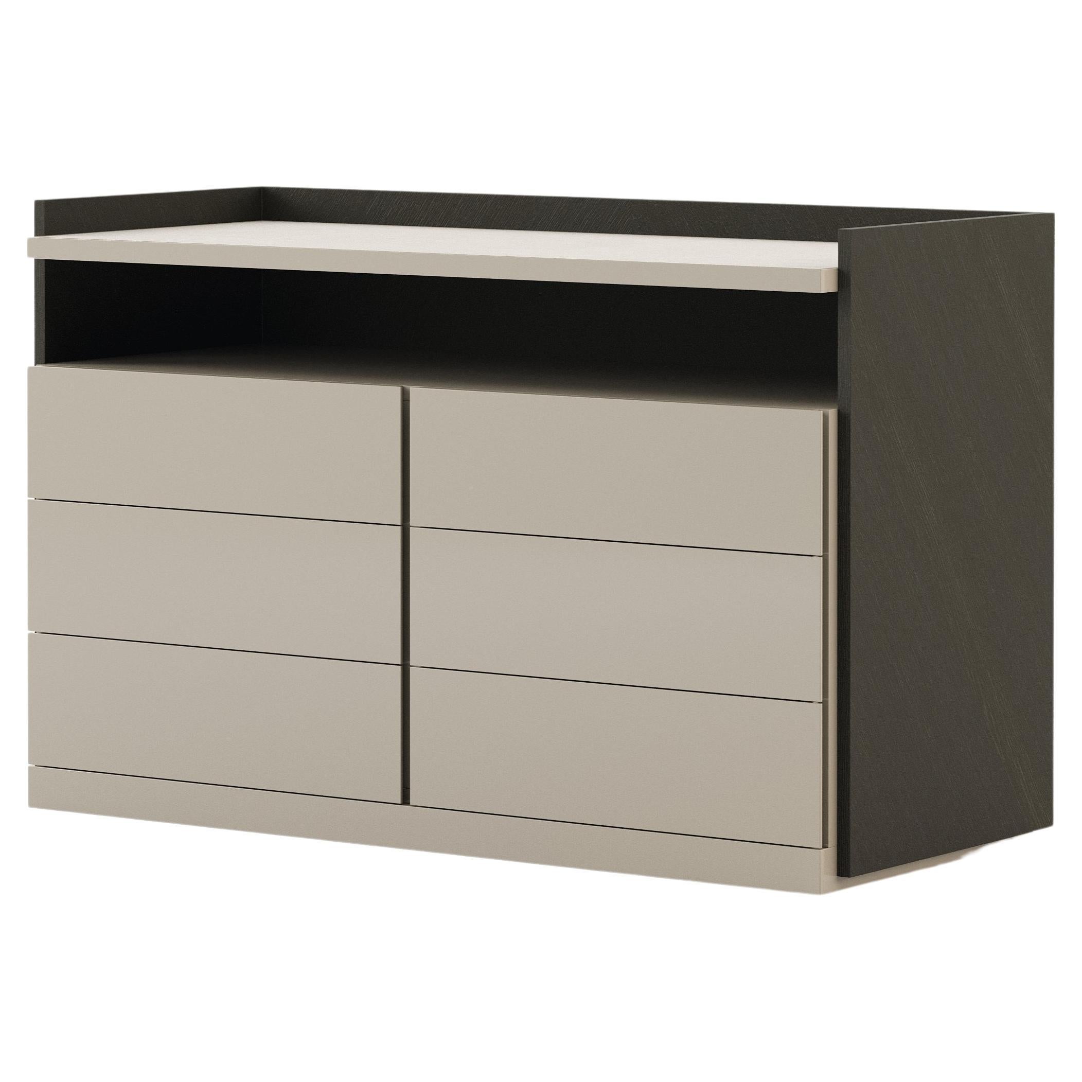 Modern Milos Chest of Drawers Made With Oak, Beige Lacquer and Suede details  For Sale