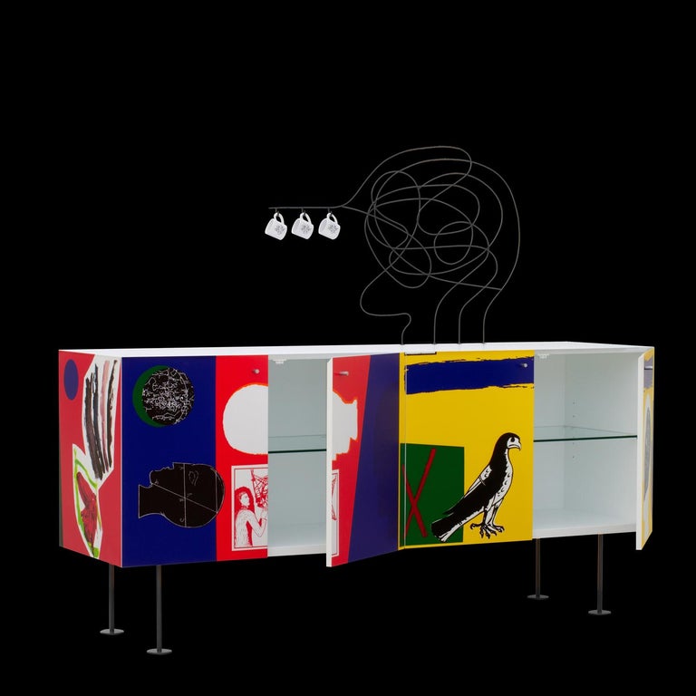 European Modern Mimmo Paladino Cabinet Sideboard Storage Unit Matt Lacquered Colourful For Sale