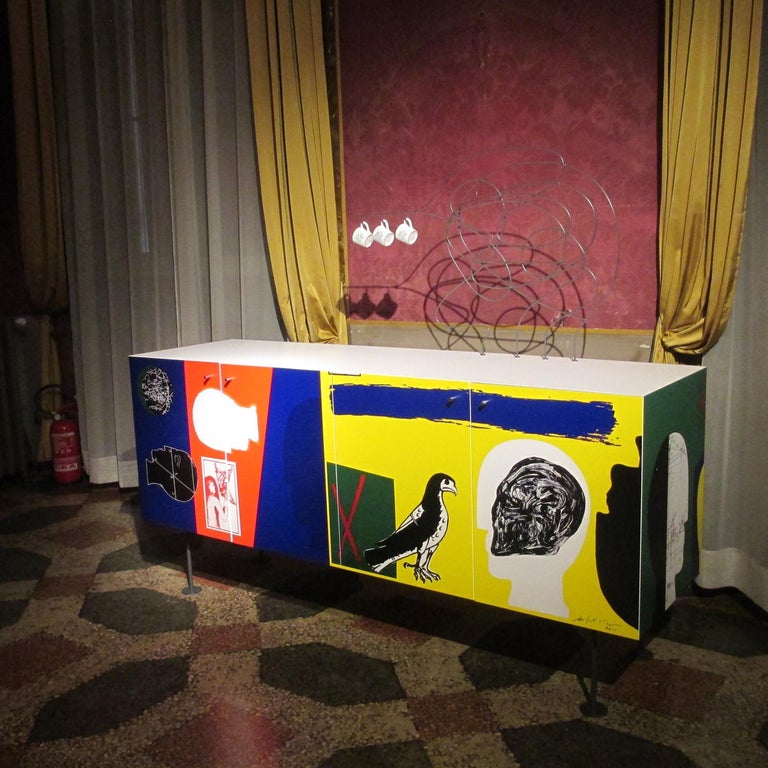 Modern Mimmo Paladino Cabinet Sideboard Storage Unit Matt Lacquered Colourful In New Condition For Sale In Milan, IT