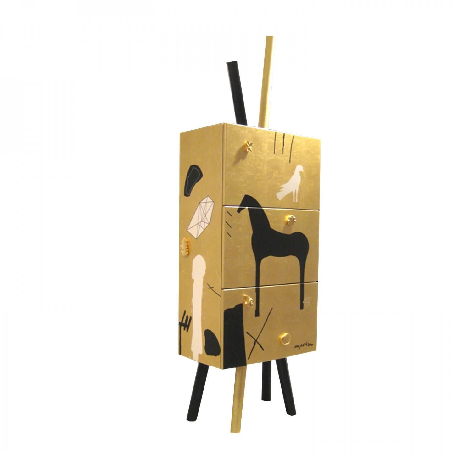 Modern Mimmo Paladino Cabinet Storage Gold Leaf Handmade Limited Edition For Sale