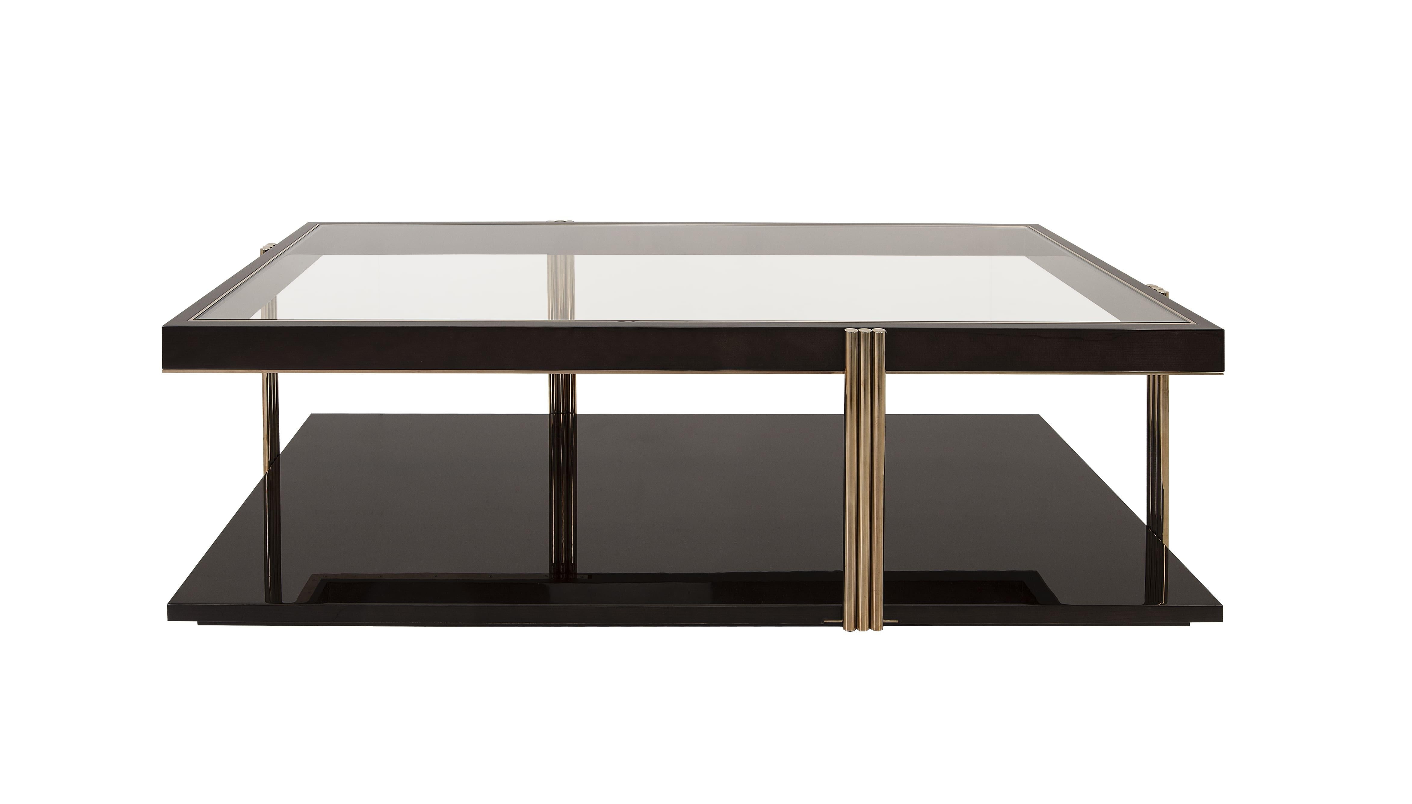 Elegant and contemporary, this center table is a refined statement piece for any modern living space. It features a sleek rectangular design accented with luxurious gold-finished metal rods for a touch of sophistication. Ideal for showcasing