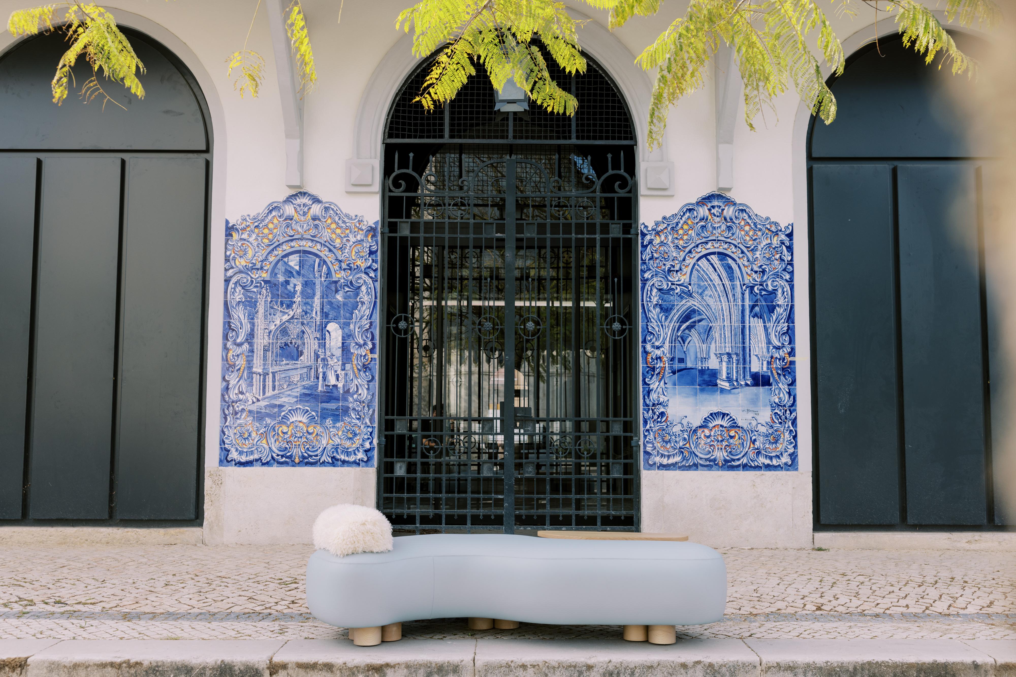 Oak Modern Minho Day Bed, Light Blue Leather, Handmade in Portugal by Greenapple For Sale