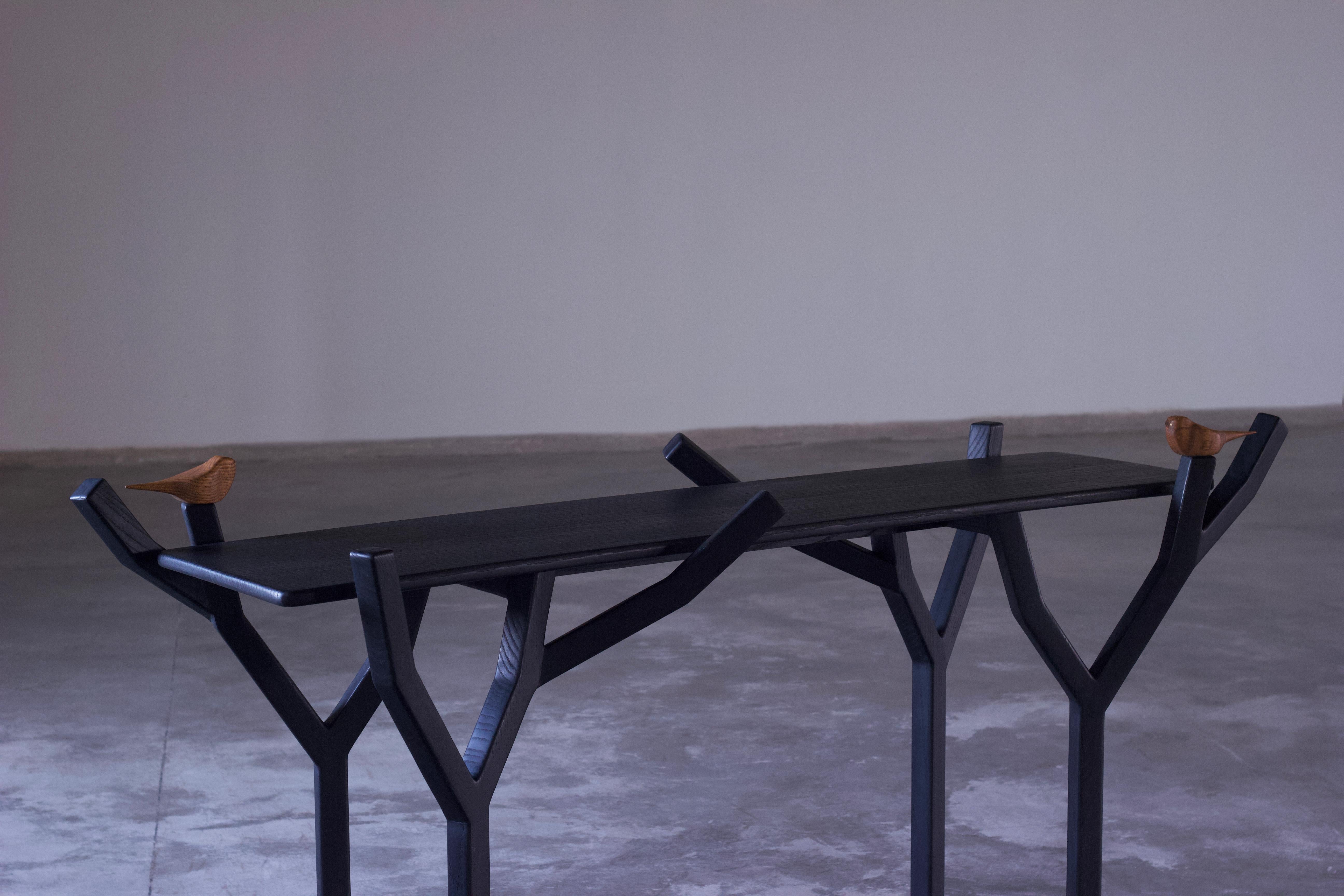 Organic Modern Modern Minimal Black Oak wood Console Table with Birds and brass inlay For Sale