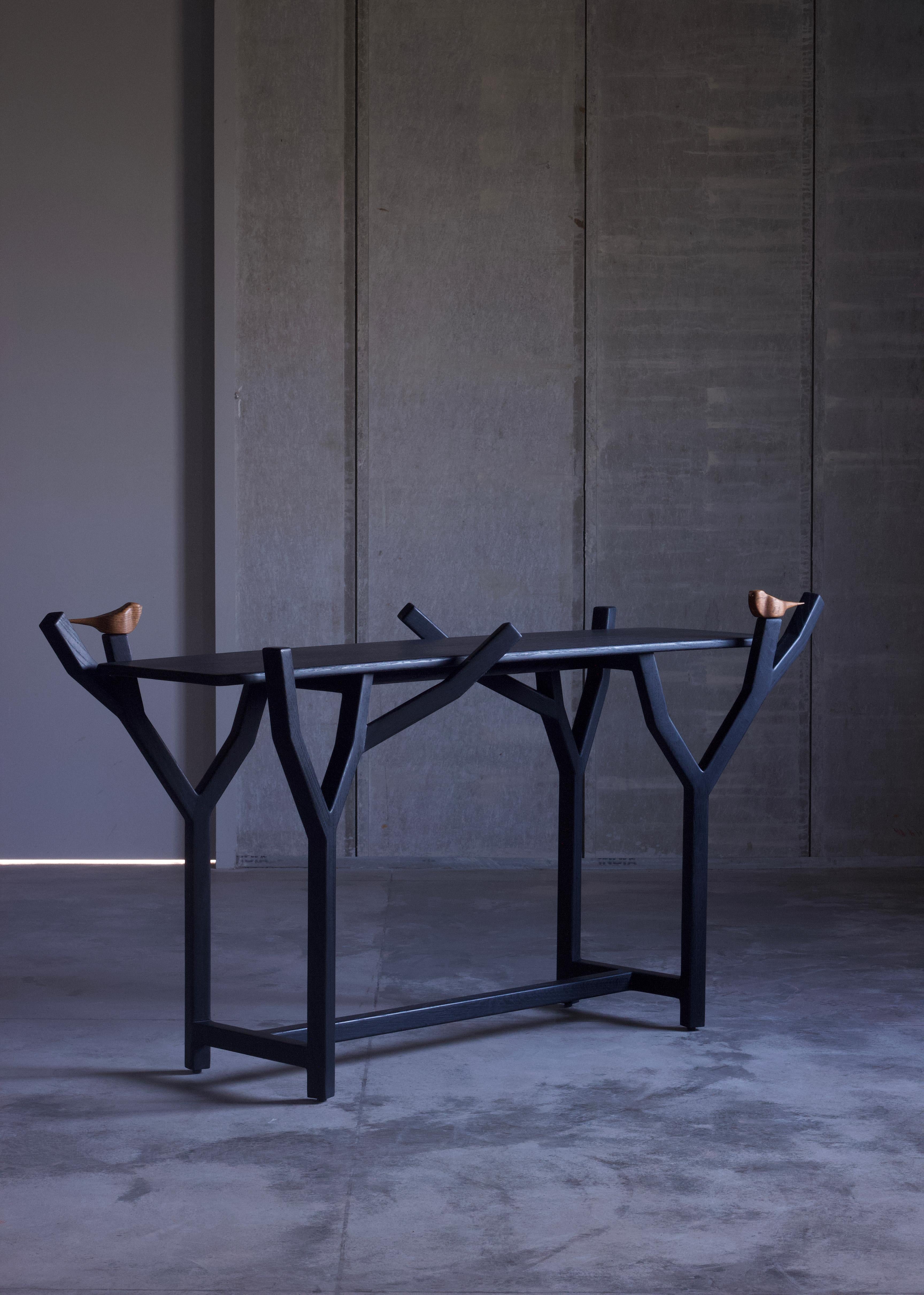 Hand-Crafted Modern Minimal Black Oak wood Console Table with Birds and brass inlay For Sale