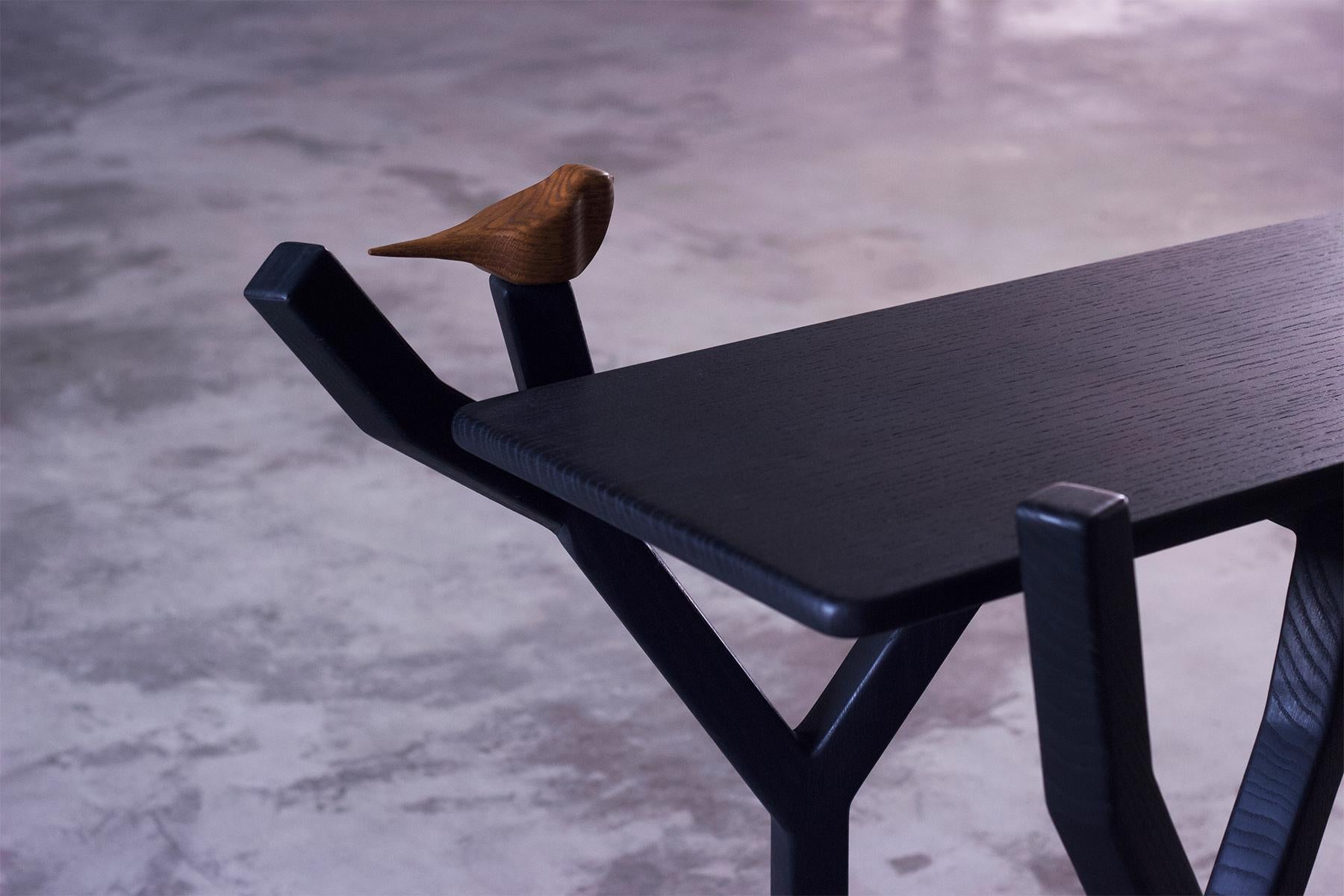 Modern Minimal Black Oak wood Console Table with Birds and brass inlay In New Condition For Sale In Hyderabad, TG