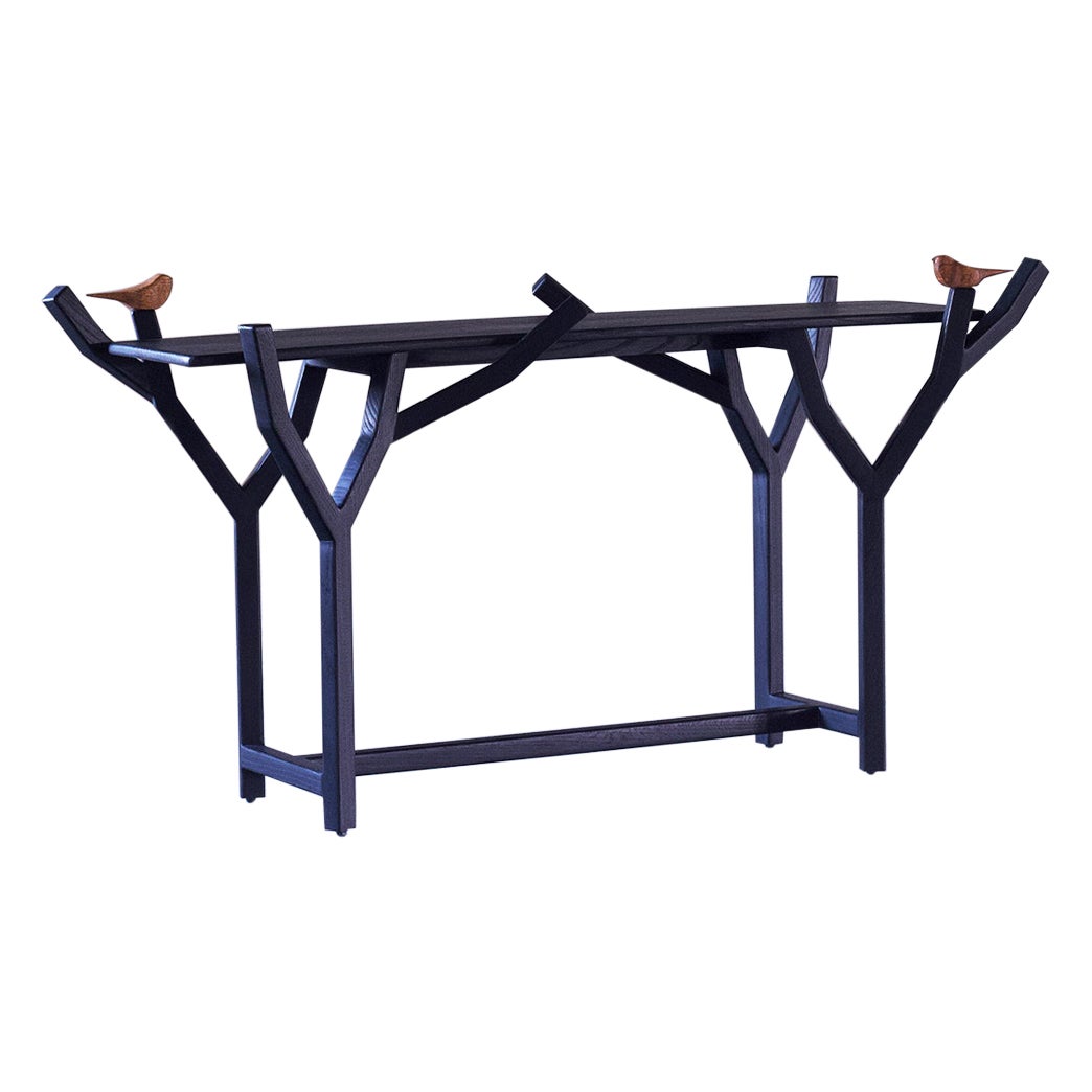 Modern Minimal Black Oak wood Console Table with Birds and brass inlay