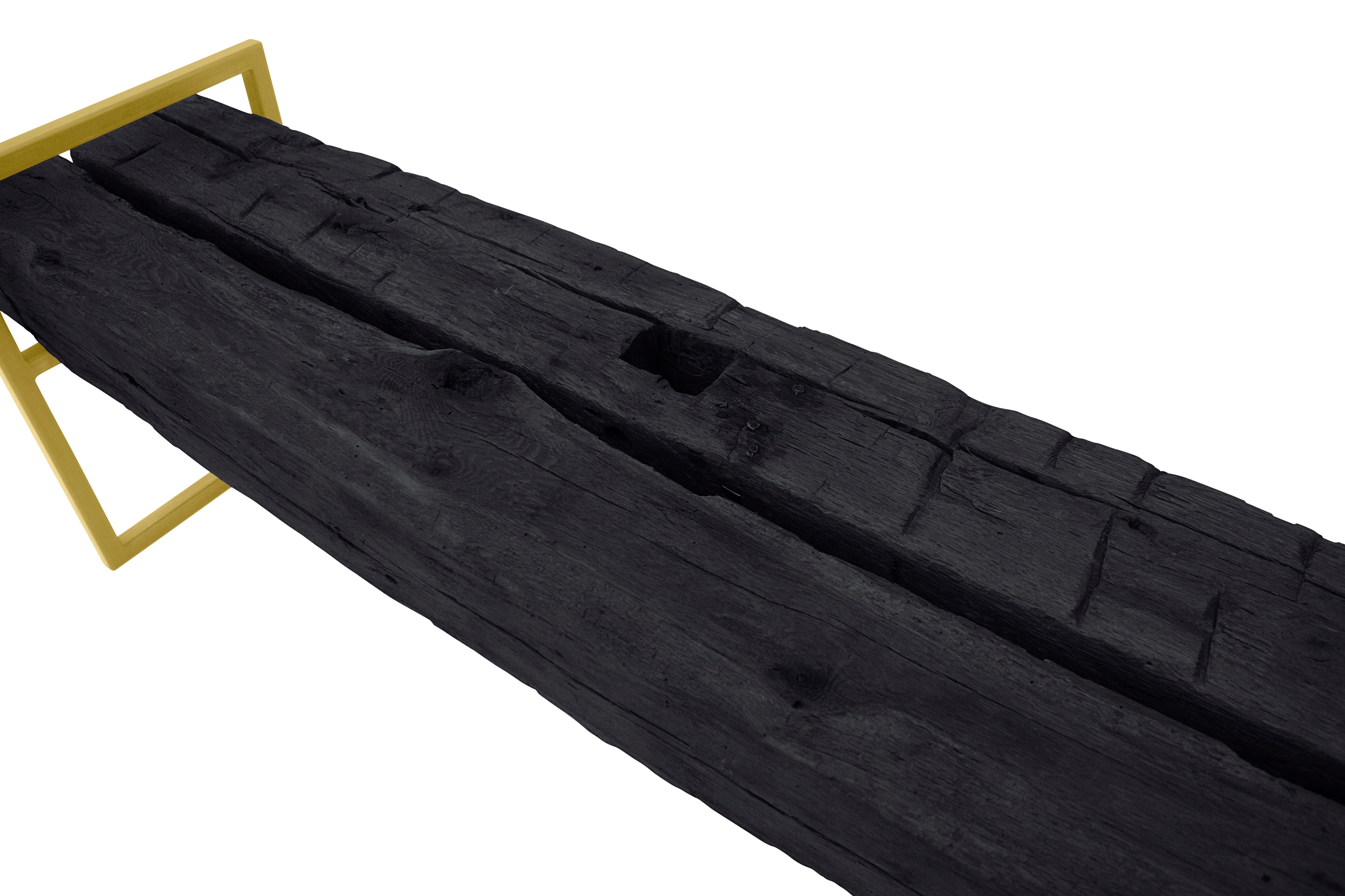Moderne moderne minimalistische „Brass Bench“ aus aufgearbeiteten strukturierten Eichenholzperlen auf Messingrahmen (amerikanisch) im Angebot