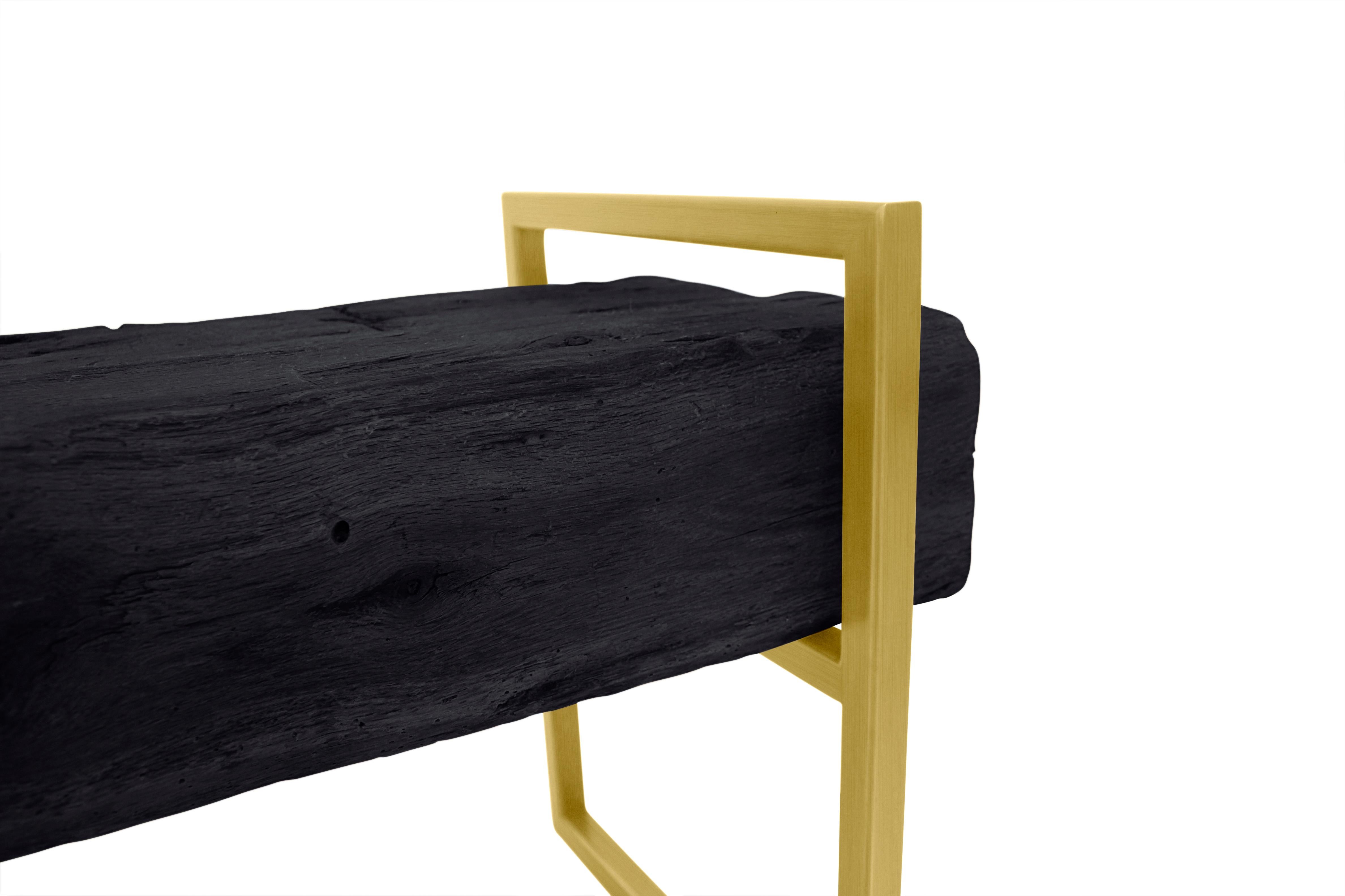 Moderne moderne minimalistische „Brass Bench“ aus aufgearbeiteten strukturierten Eichenholzperlen auf Messingrahmen (Geölt) im Angebot