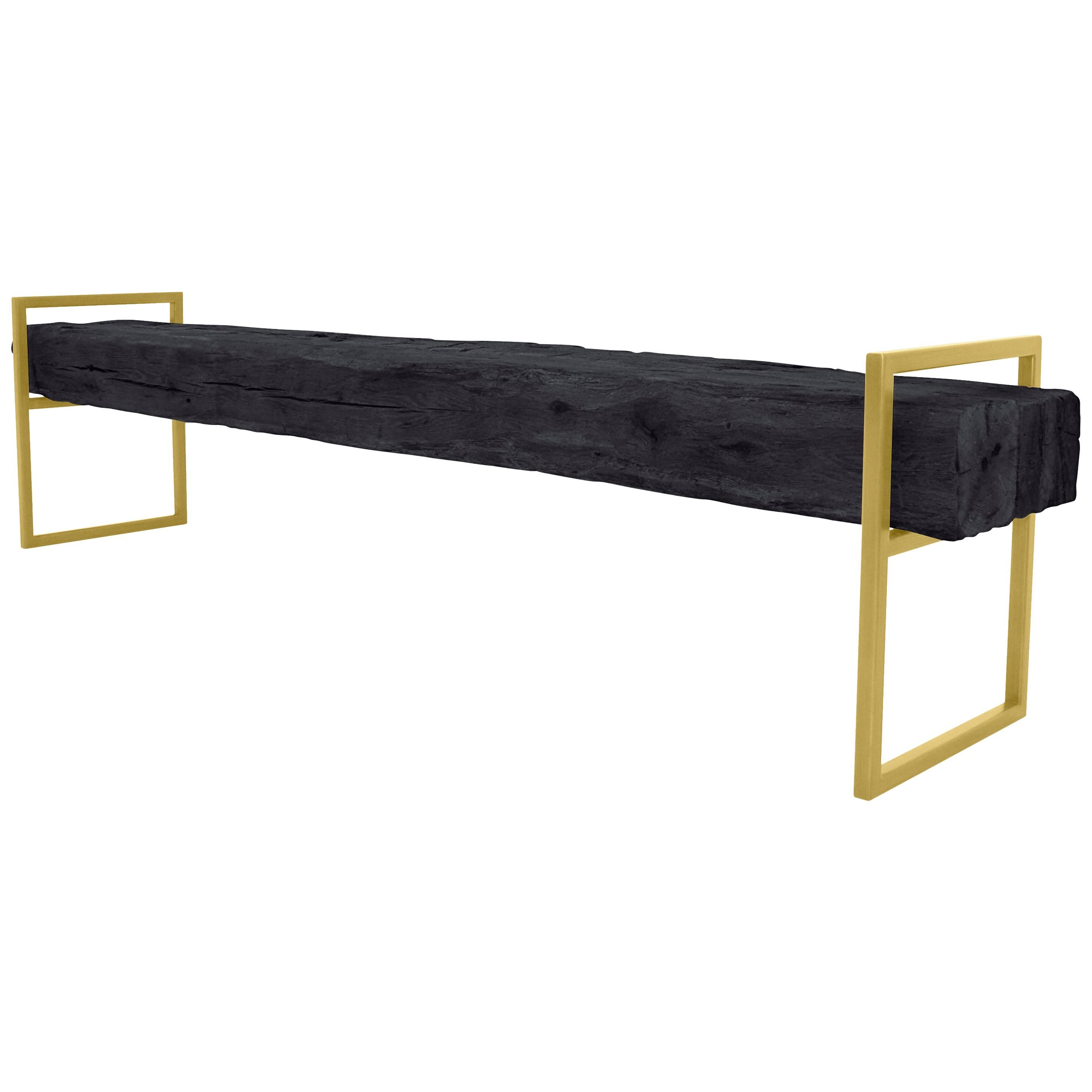 Moderne moderne minimalistische „Brass Bench“ aus aufgearbeiteten strukturierten Eichenholzperlen auf Messingrahmen