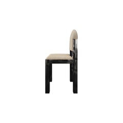 Modern Minimal Dining Chair Black Wengue Wood, White Velvet Seat & Round Back