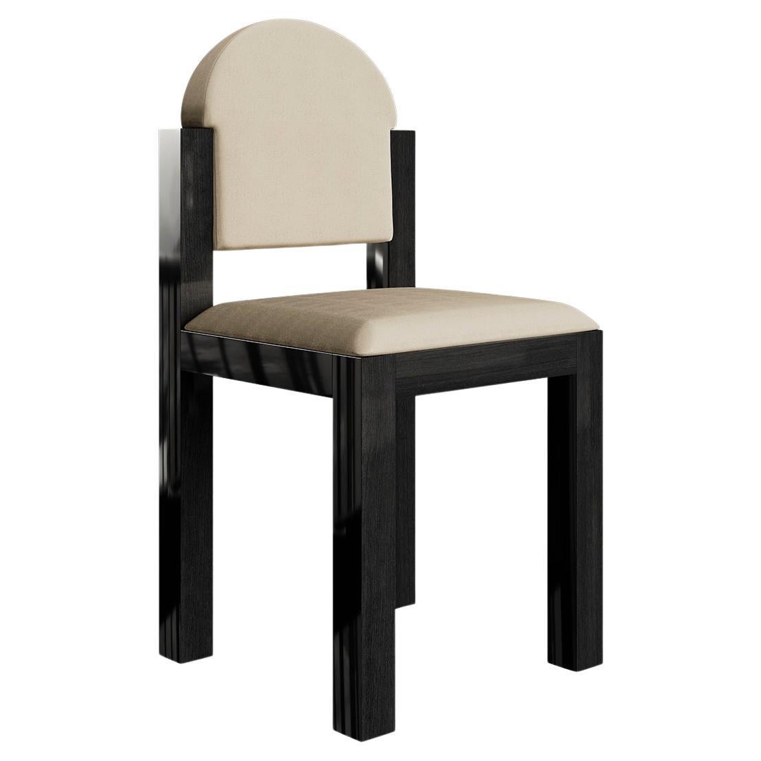 Modern Minimal Dining Chair Black Wengue Wood, White Velvet Seat & Round Back