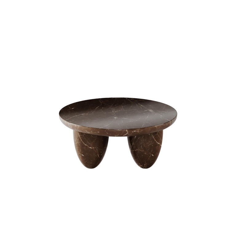 Portuguese Modern Minimal Indoor Outdoor Round Coffee Center Table in Olive Marron Marble For Sale