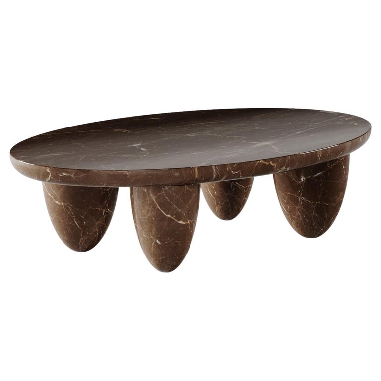 Modern Minimal Indoor Outdoor Round Coffee Center Table in Olive Marron Marble For Sale
