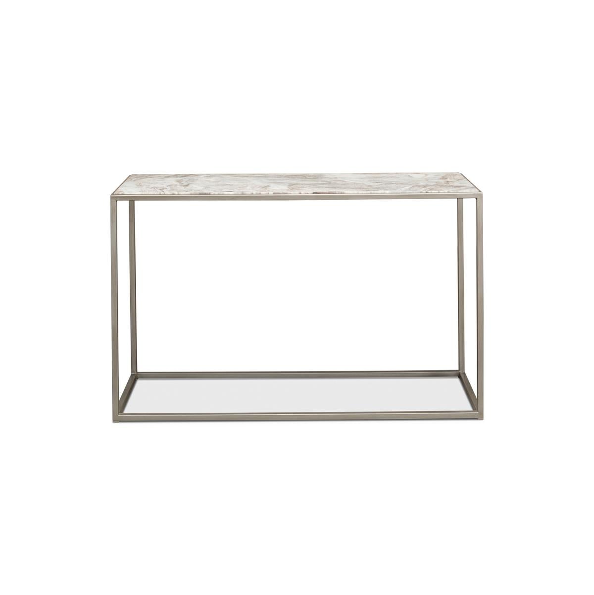 Modern minimal marble top console table, with inset marble top above an antiqued and silvered finish iron box form frame.

Dimensions: 48