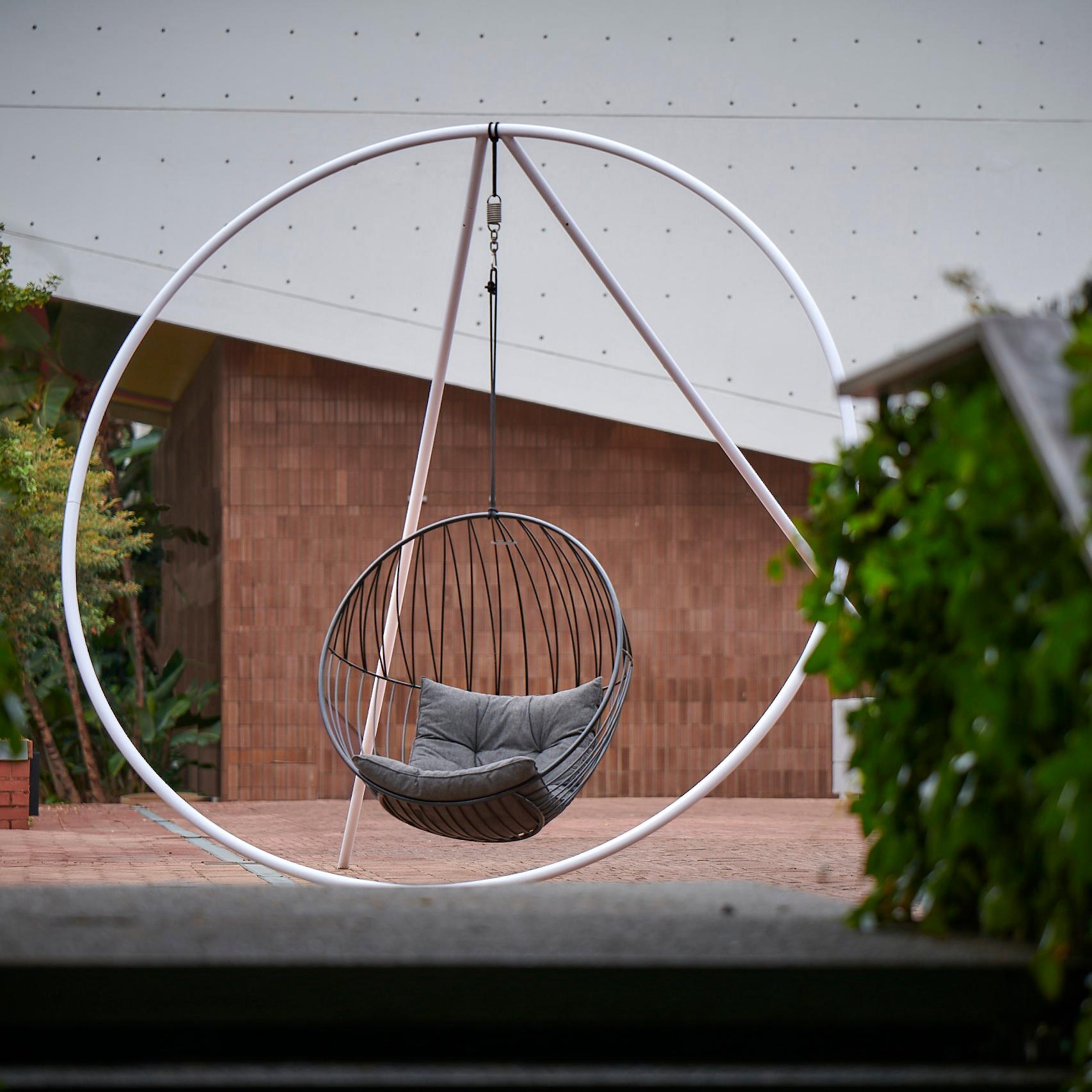 Modern Minimal Outdoor Hanging Swing Chair with Stand and Cushions For Sale 6