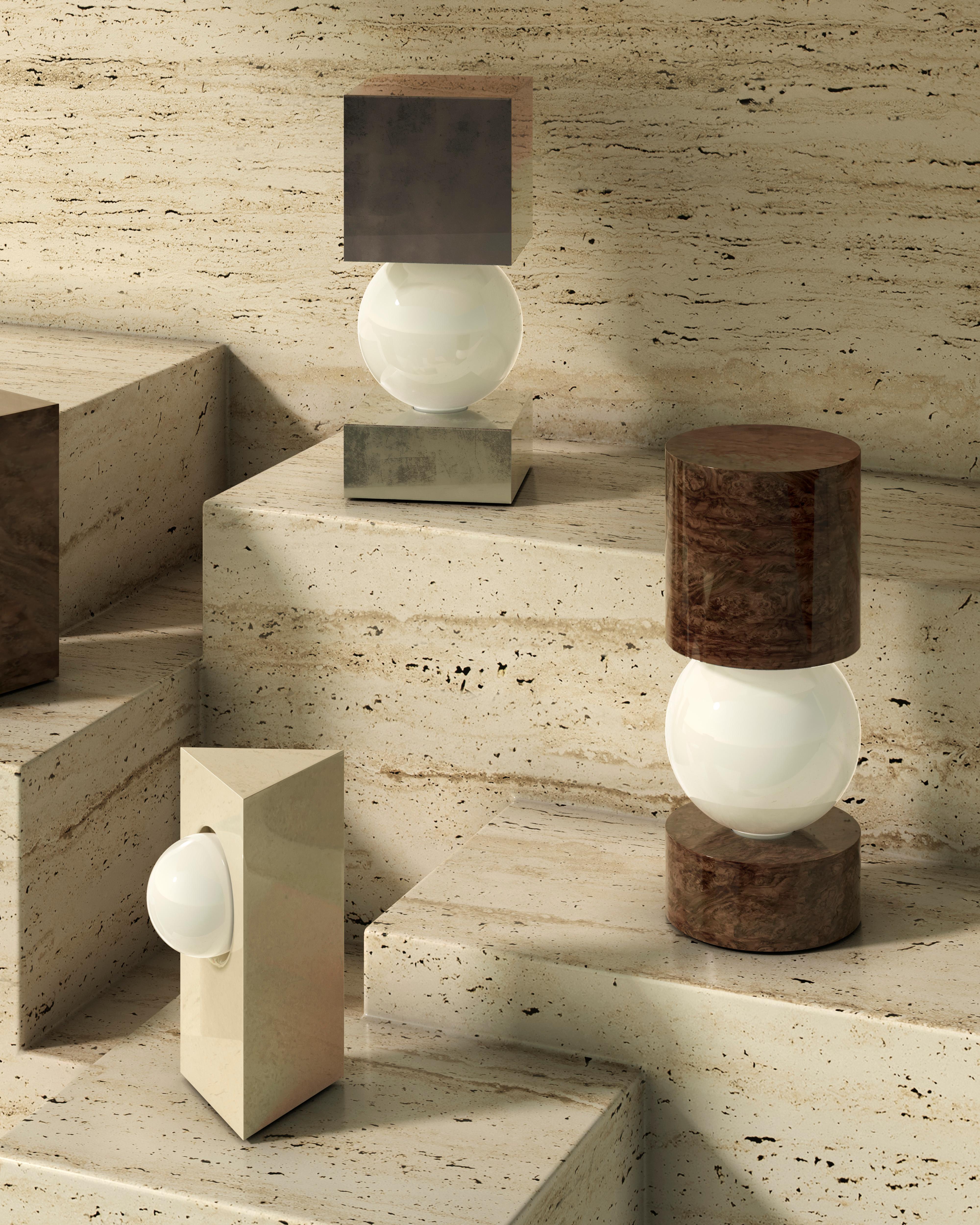Minimalist Modern Minimal Triangular Table Lamp Birdeye Wood Globe White Glass For Sale