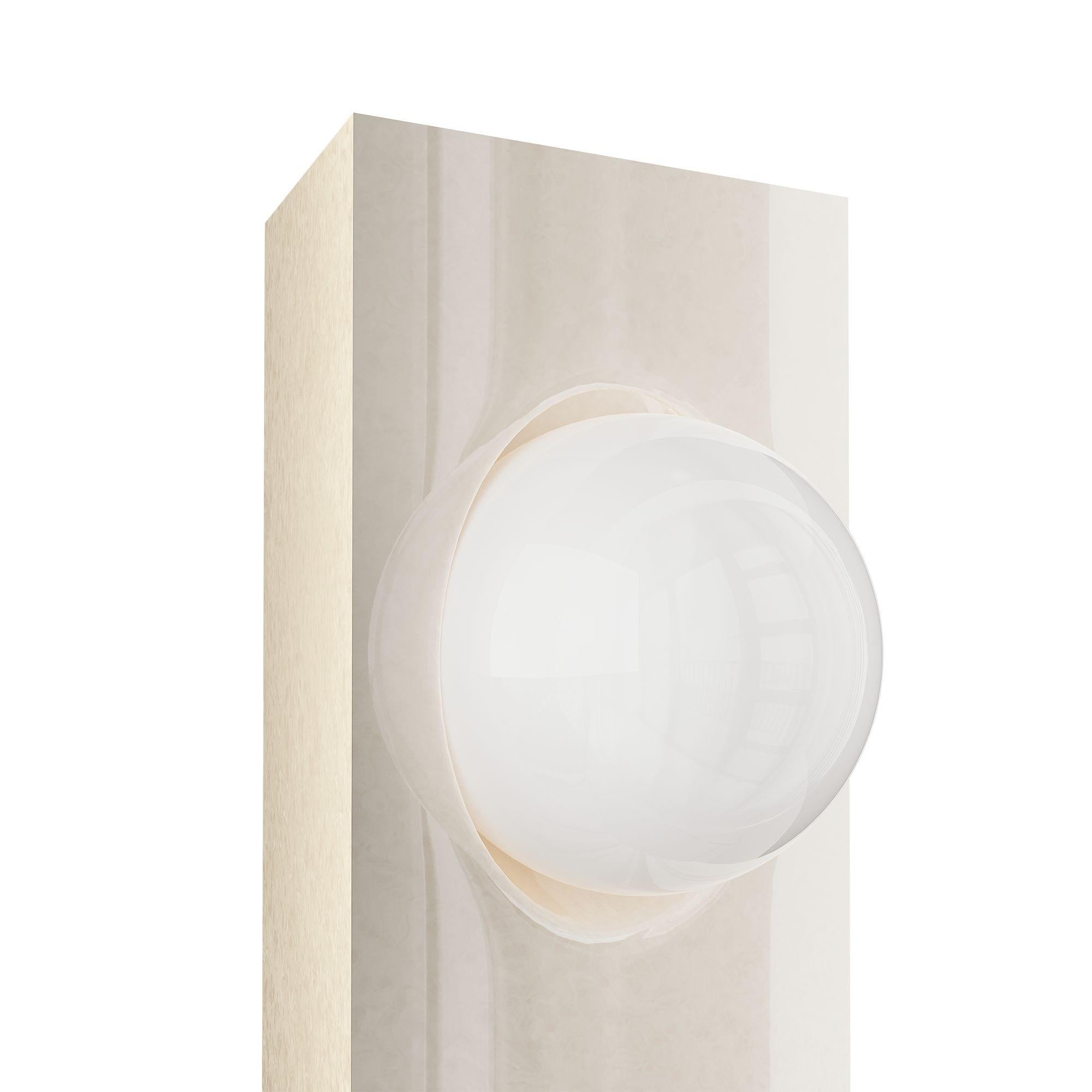 Hand-Crafted Modern Minimal Triangular Table Lamp Birdeye Wood Globe White Glass For Sale