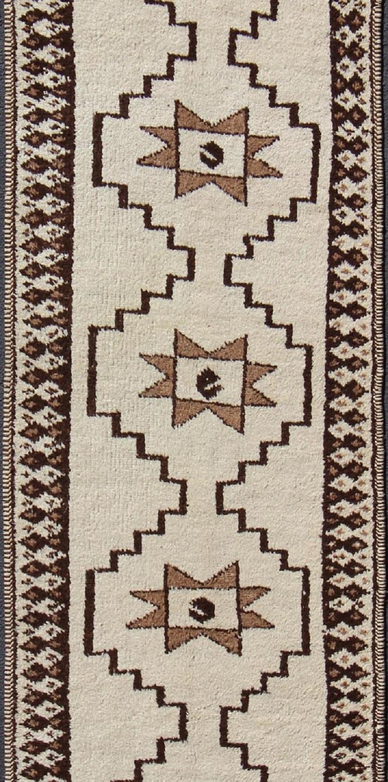 Hand-Knotted Long Runner Vintage Turkish Tulu with Modern Design in Cream, Brown For Sale