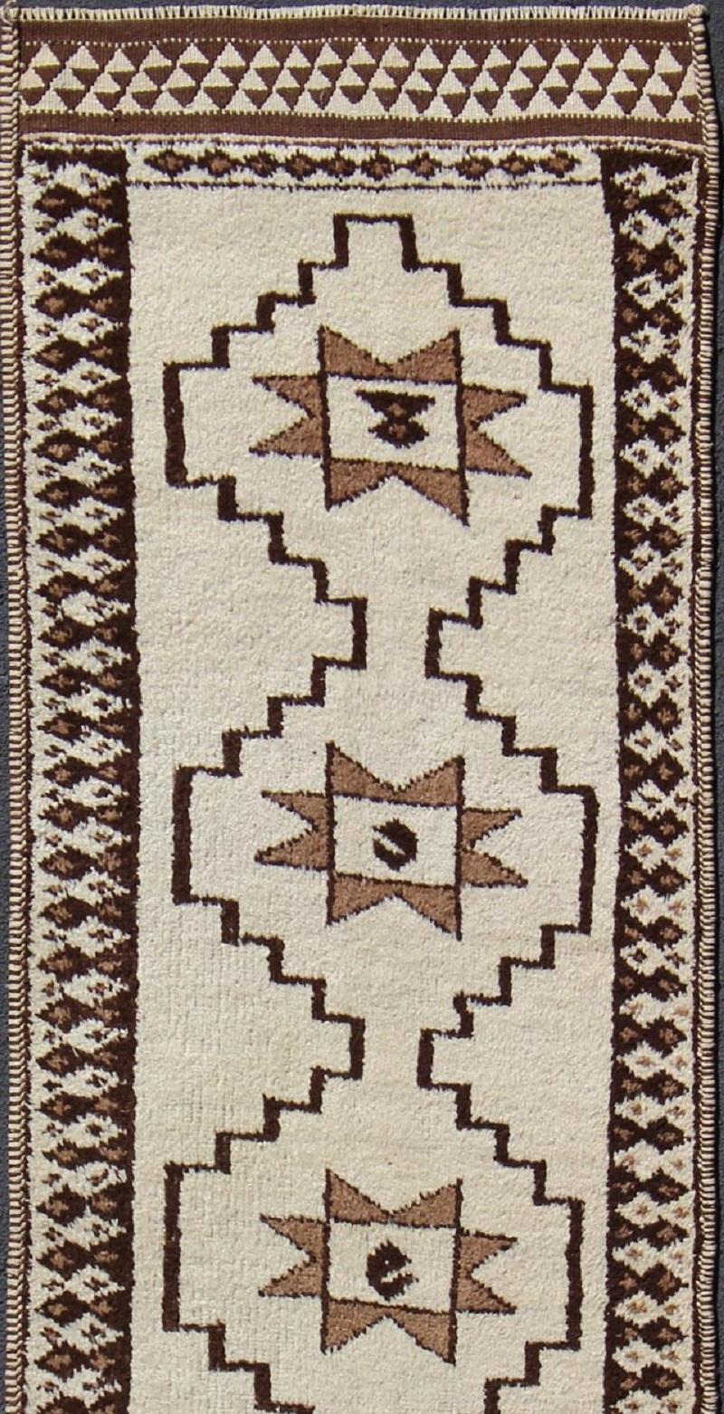 Long Runner Vintage Turkish Tulu with Modern Design in Cream, Brown In Excellent Condition For Sale In Atlanta, GA