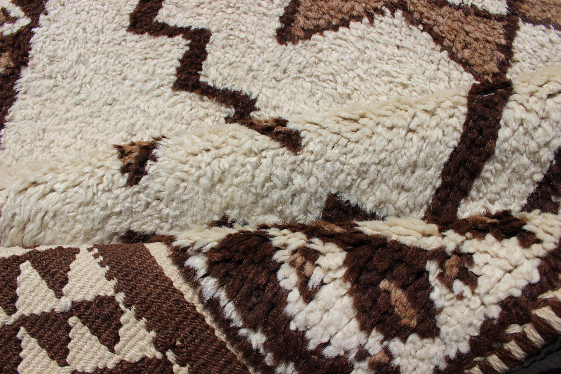 Mid-20th Century Long Runner Vintage Turkish Tulu with Modern Design in Cream, Brown For Sale