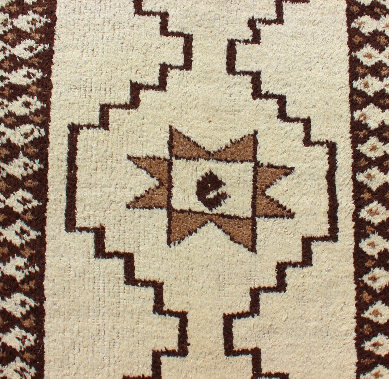 Wool Long Runner Vintage Turkish Tulu with Modern Design in Cream, Brown For Sale
