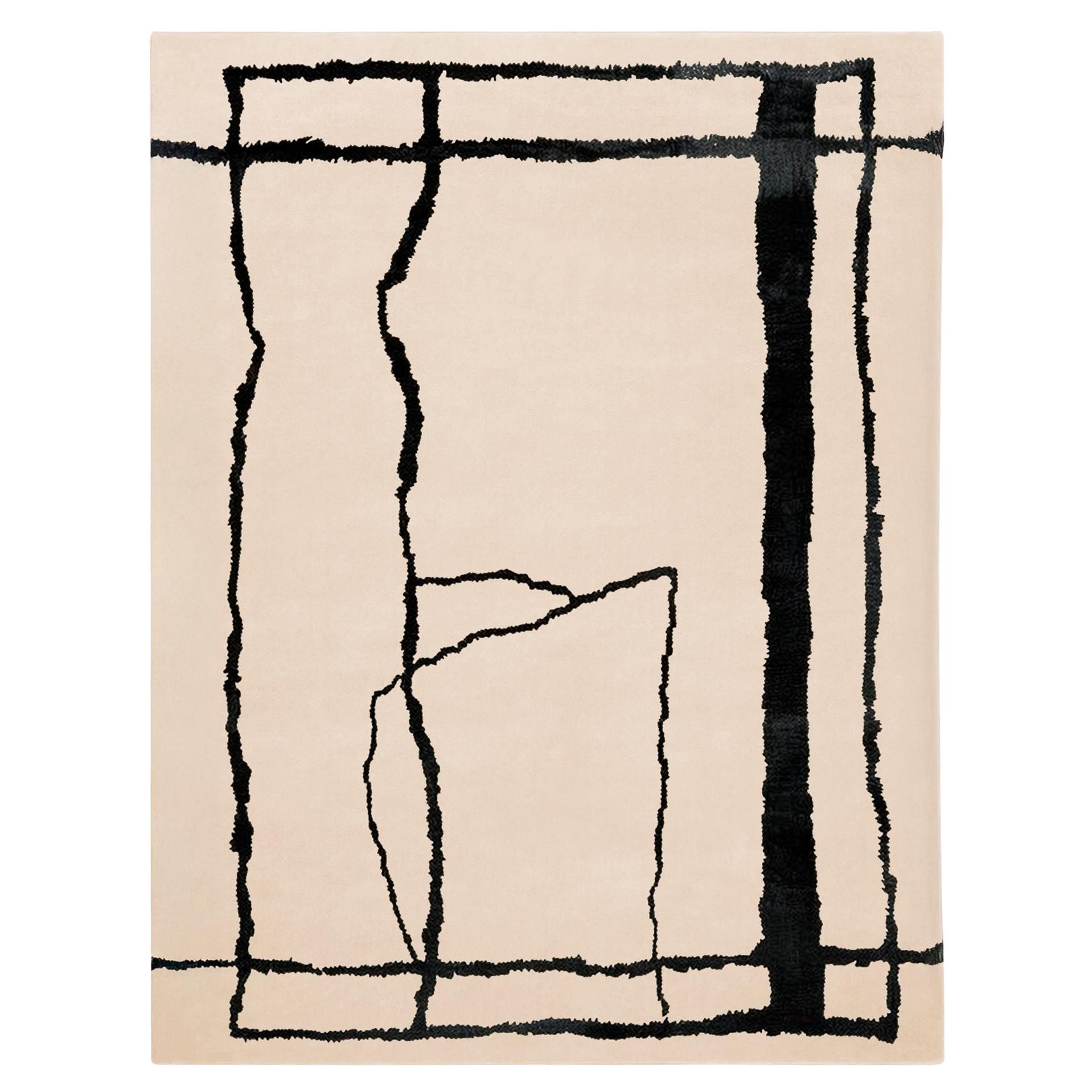 Modern Minimal Wool Rug Rectangular Beige & Black Organic Lines Pattern
