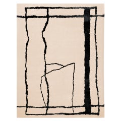 Tappeto moderno minimalista in lana rettangolare beige e nero con motivo a linee organiche