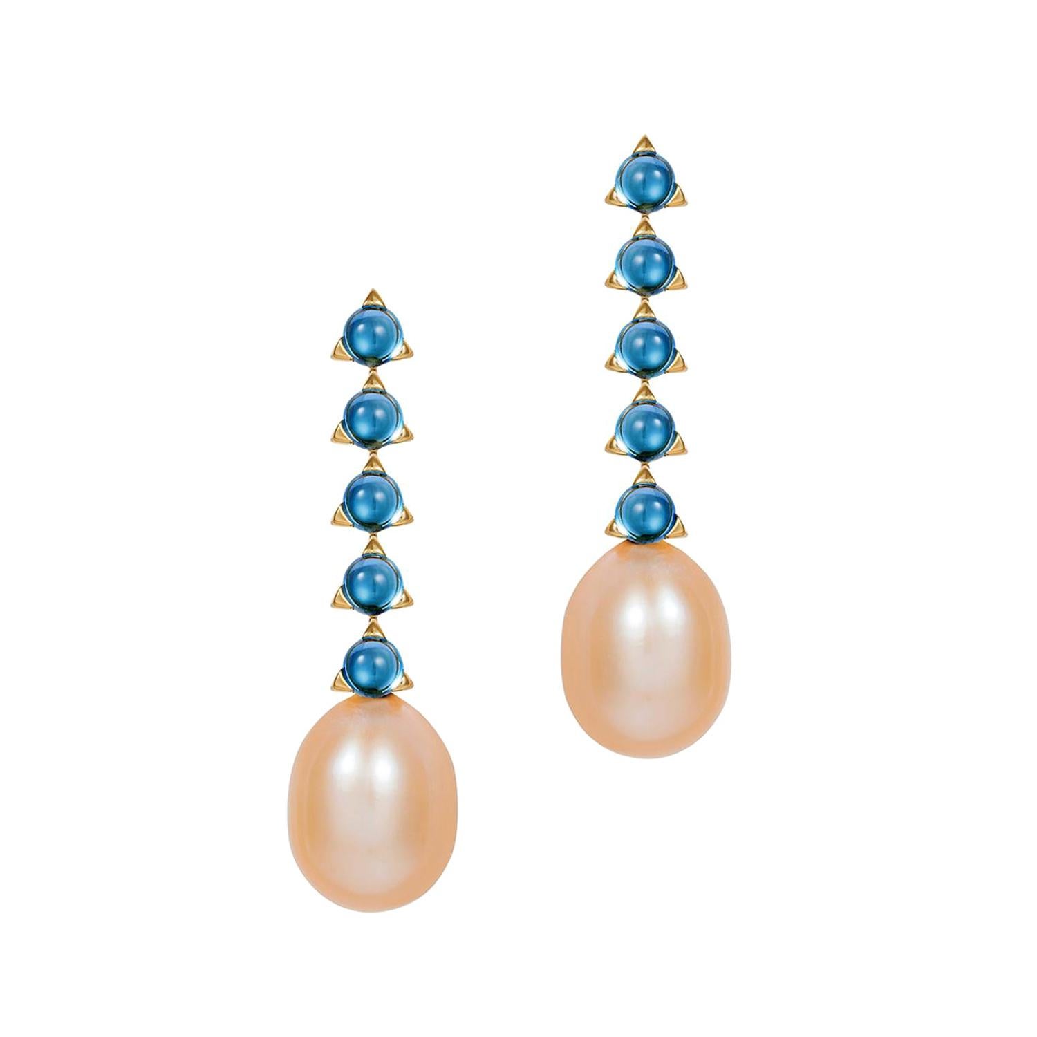 Modern minimalist 4mm 5 Stone Baroque Pearl Earrings London Blue Top 18 K Gold