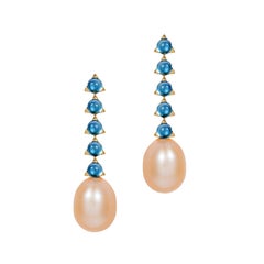 Boucles d'oreilles modernes et minimalistes en or 18 carats avec perles baroques à 5 pierres et un sommet bleu, Londres