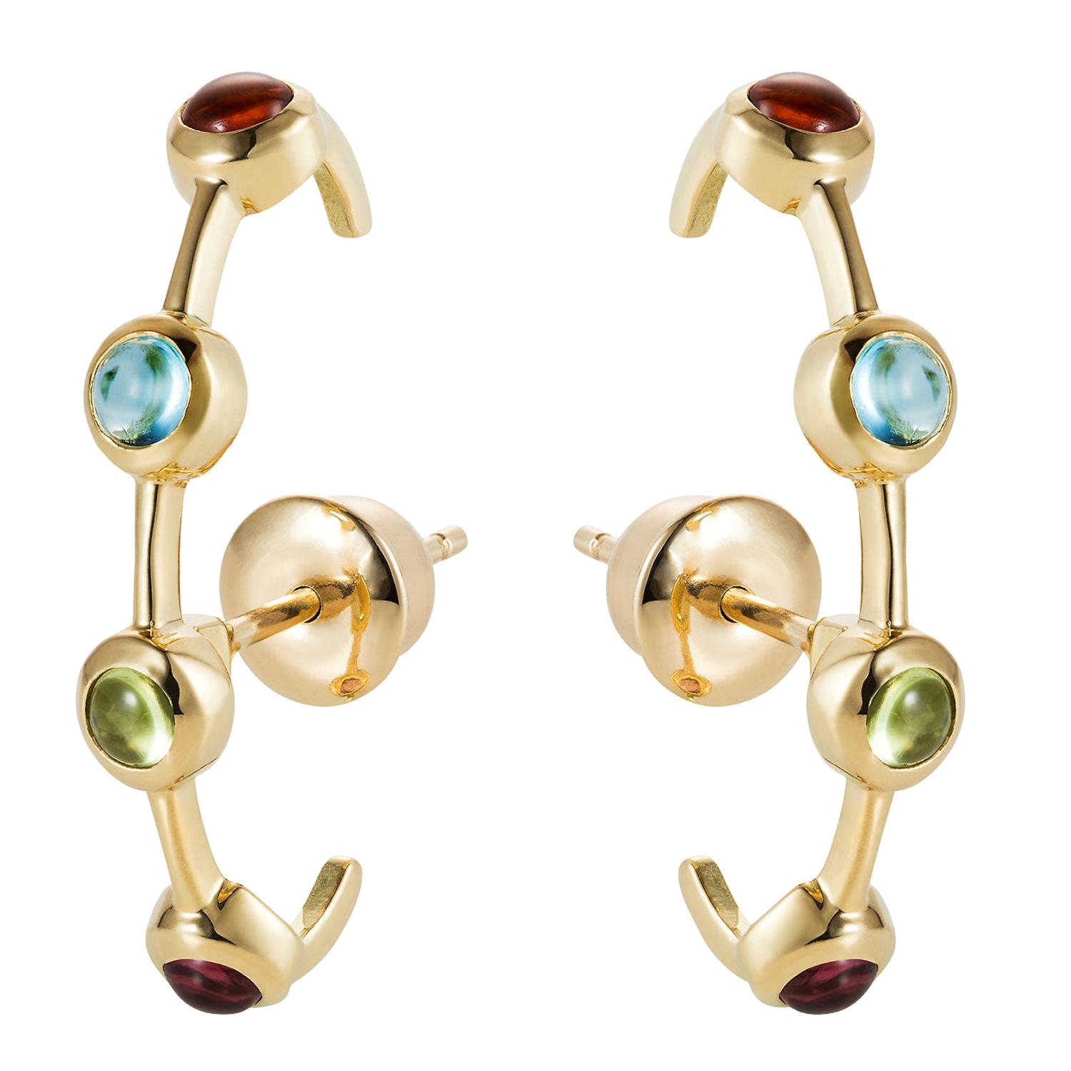Modern Minimalism Ear-Cuff Earrings in Rainbow Color Gemstones, 18K Yellow Gold