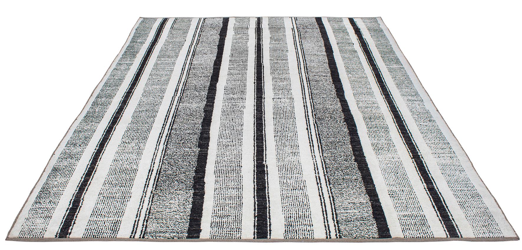 Afghan Modern Minimalist Black and White Stripe Handknotted Rug For Sale