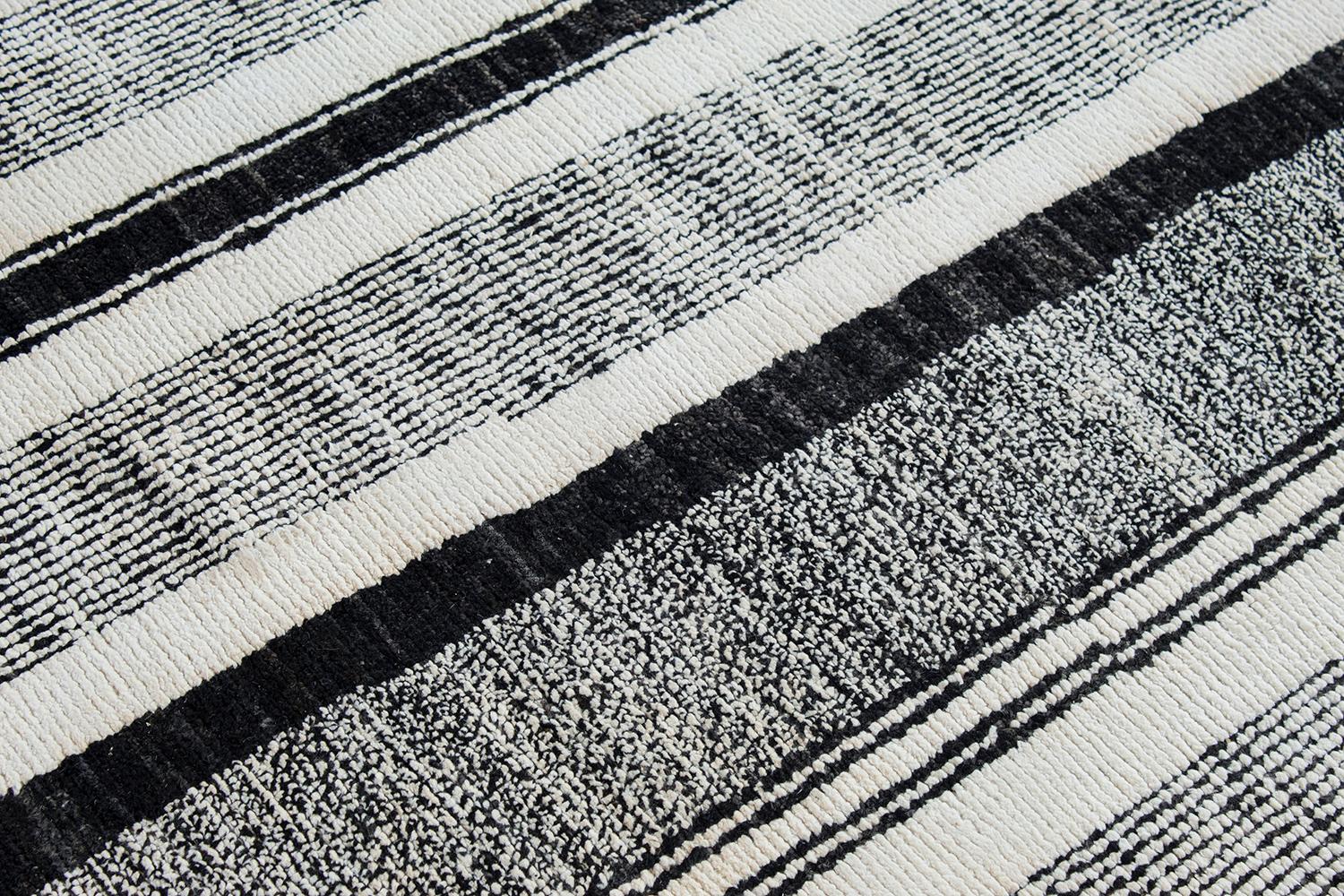 Hand-Knotted Modern Minimalist Black and White Stripe Handknotted Rug For Sale