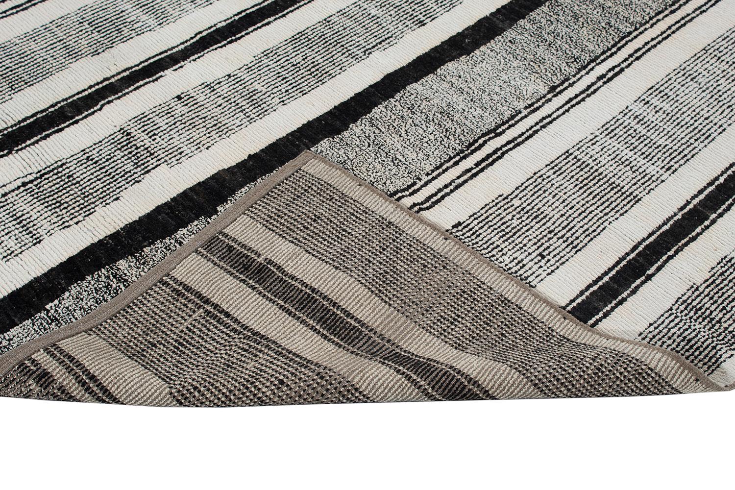Contemporary Modern Minimalist Black and White Stripe Handknotted Rug For Sale