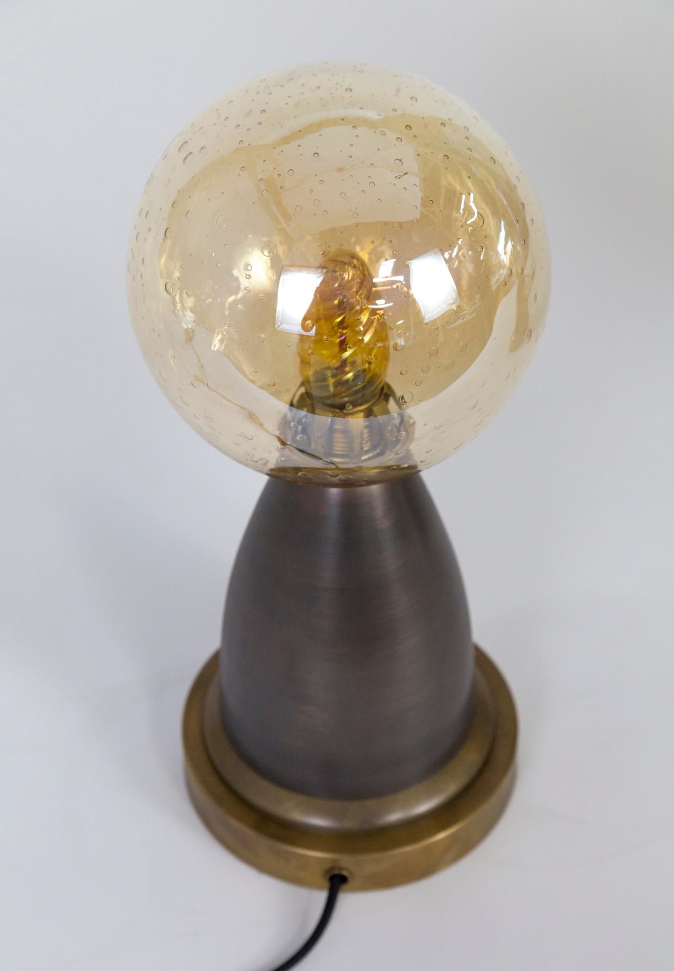 20th Century Modern Minimalist Brass Lamps with Amber Seeded Glass Globe Shades 'Pair' For Sale