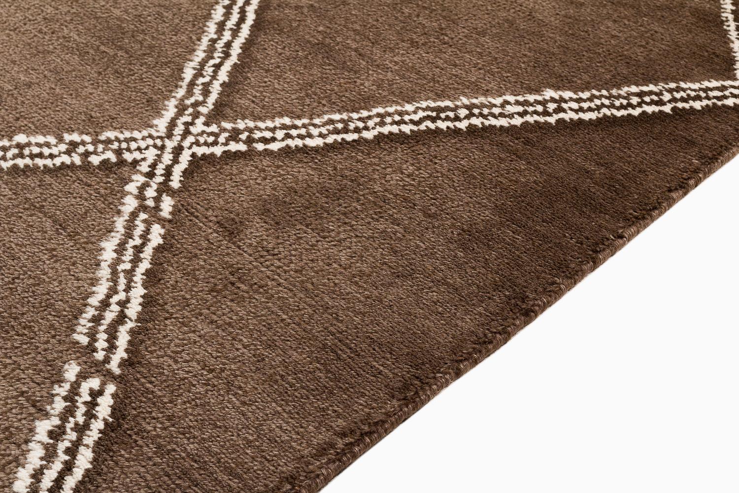 Nepalese Modern Minimalist Brown Crosshatch Handmade Mohair Area Rug by Joseph Carini For Sale