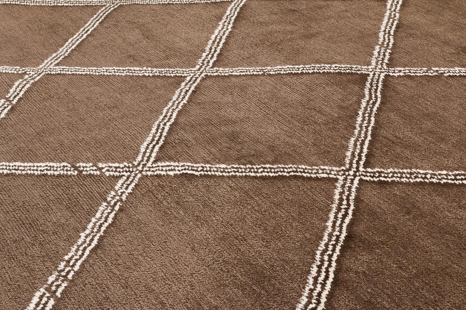 Hand-Knotted Modern Minimalist Brown Crosshatch Handmade Mohair Area Rug by Joseph Carini For Sale