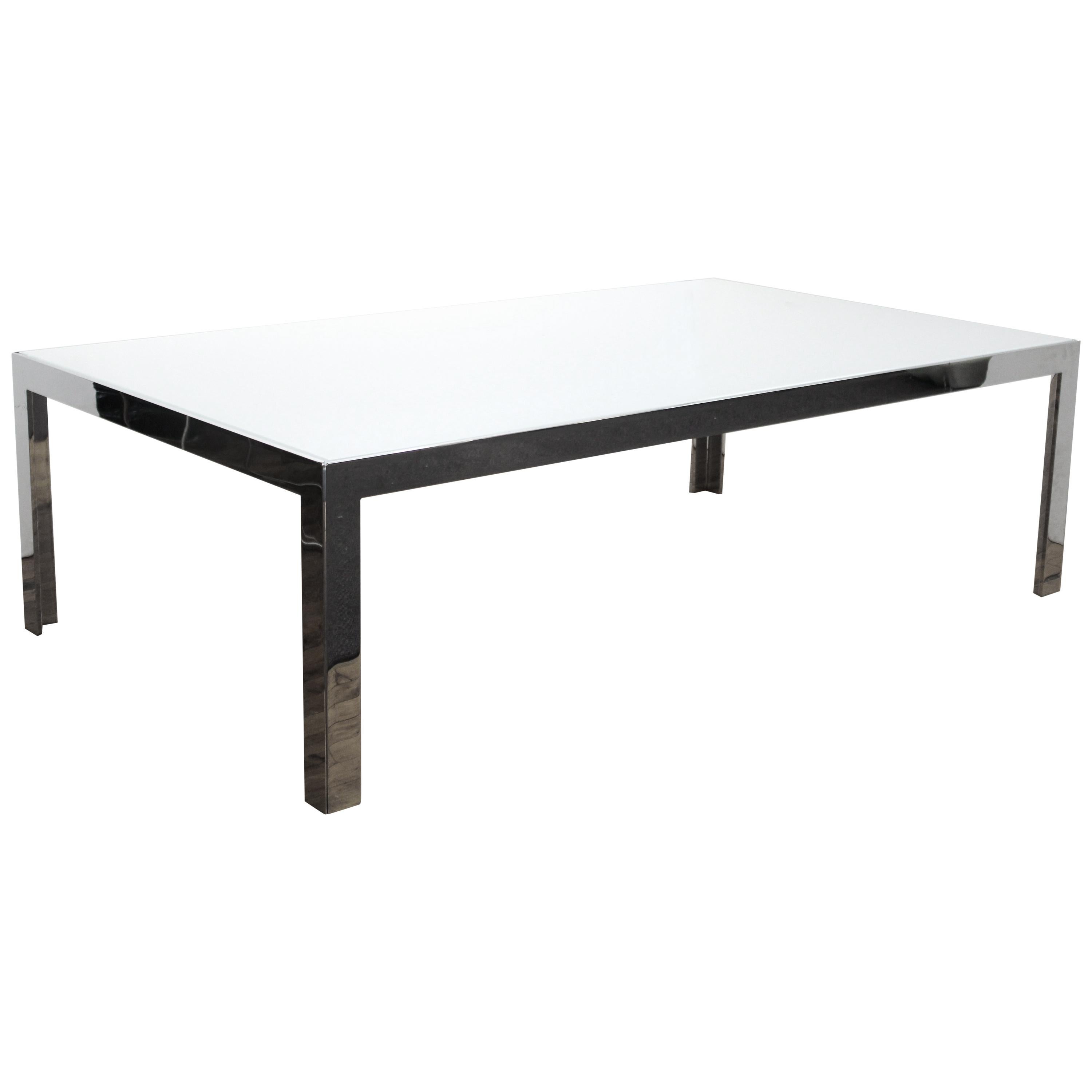 Modern Minimalist Chrome Cocktail Table with White Glass Top For Sale