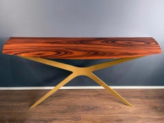 Modern Minimalist Console Table in High-Gloss Ironwood and Gold Lacquered Steel