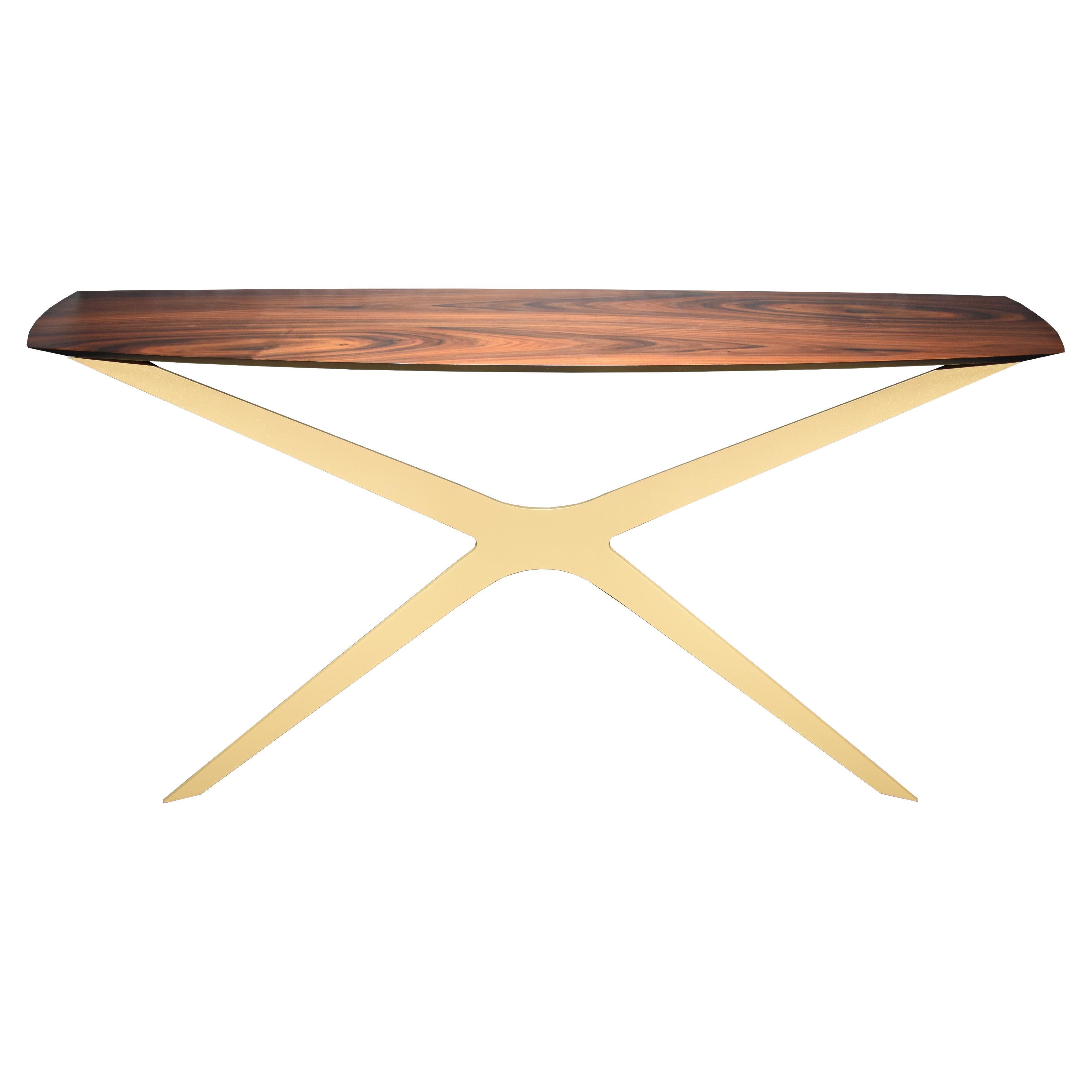 Modern Minimalist Console Table in High-Gloss Ironwood and Gold Lacquered Steel