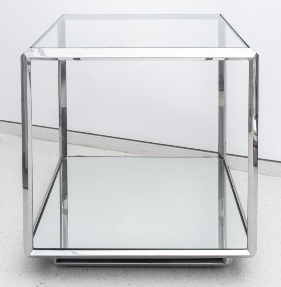 Modern minimalist cube chromed metal open side table, with a glass top and a mirror as the bottom, unmarked. In good condition. Wear consistent with age and use.

Dimensions: 22