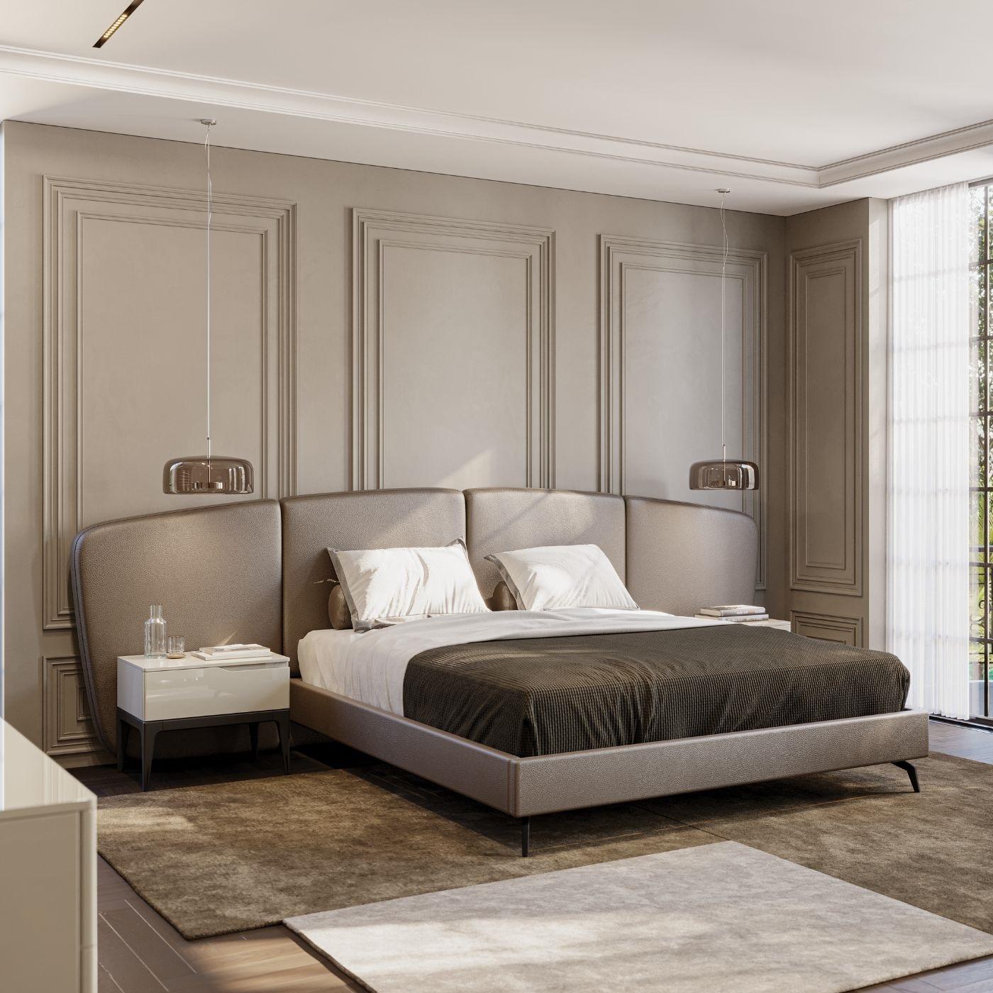 Modern Bespoke Contemporary King Size Bed With Curved Headboard-Taupe Leather For Sale