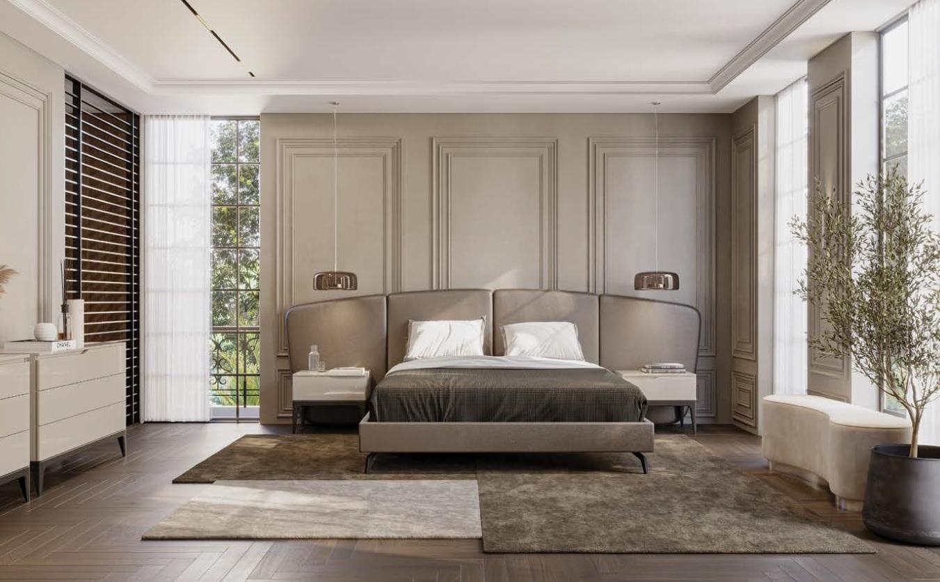 Hand-Crafted Bespoke Contemporary King Size Bed With Curved Headboard-Taupe Leather For Sale