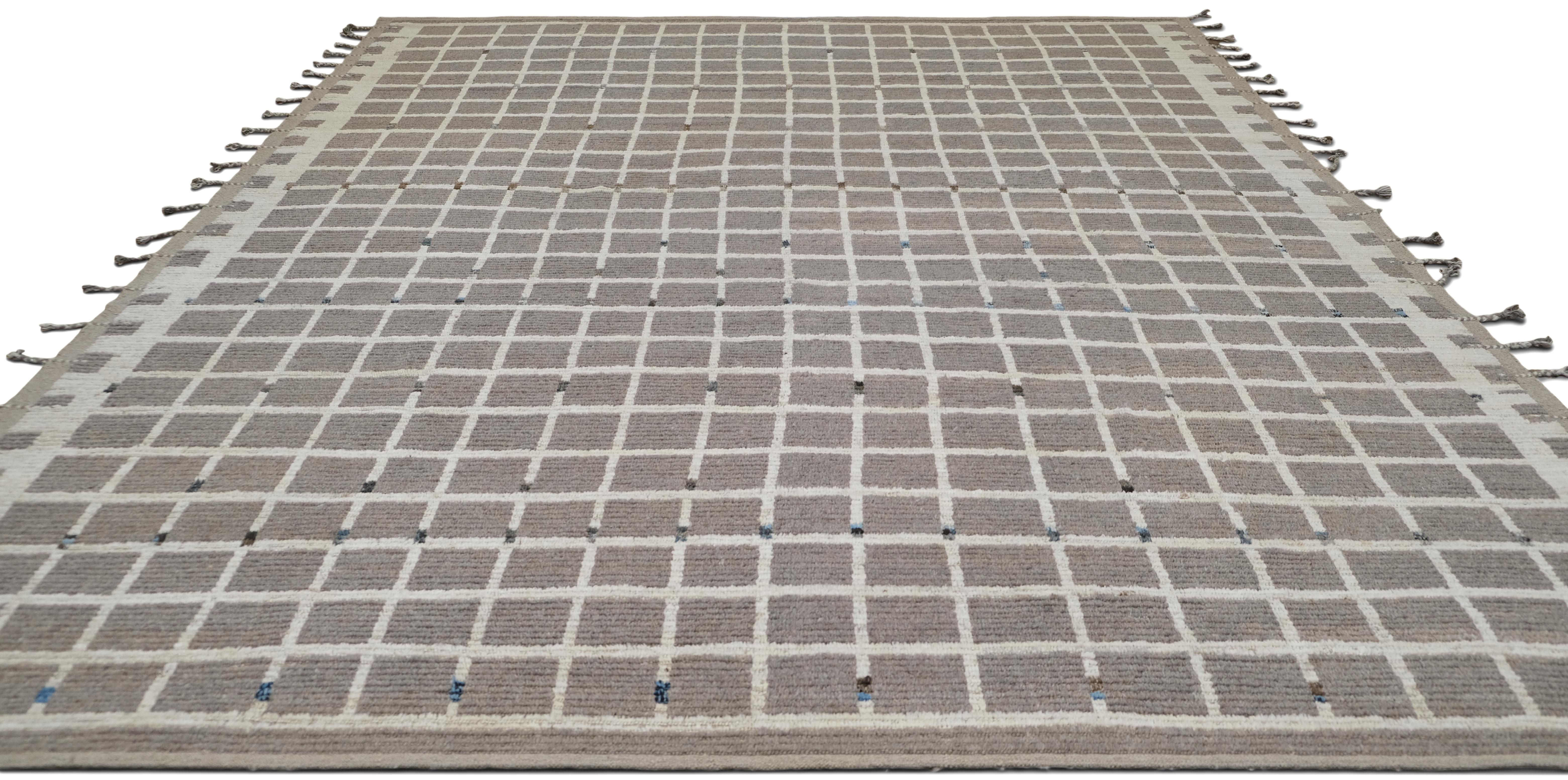 Moderner minimalistischer, geometrisch gestalteter Wollteppich 9'7''x11'3'' (Handgeknüpft) im Angebot