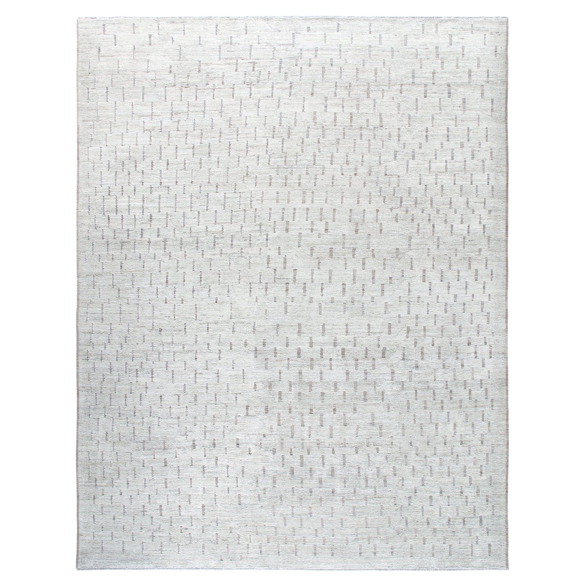 Moderner minimalistischer handgeknüpfter Wollteppich in Beige, modern im Angebot