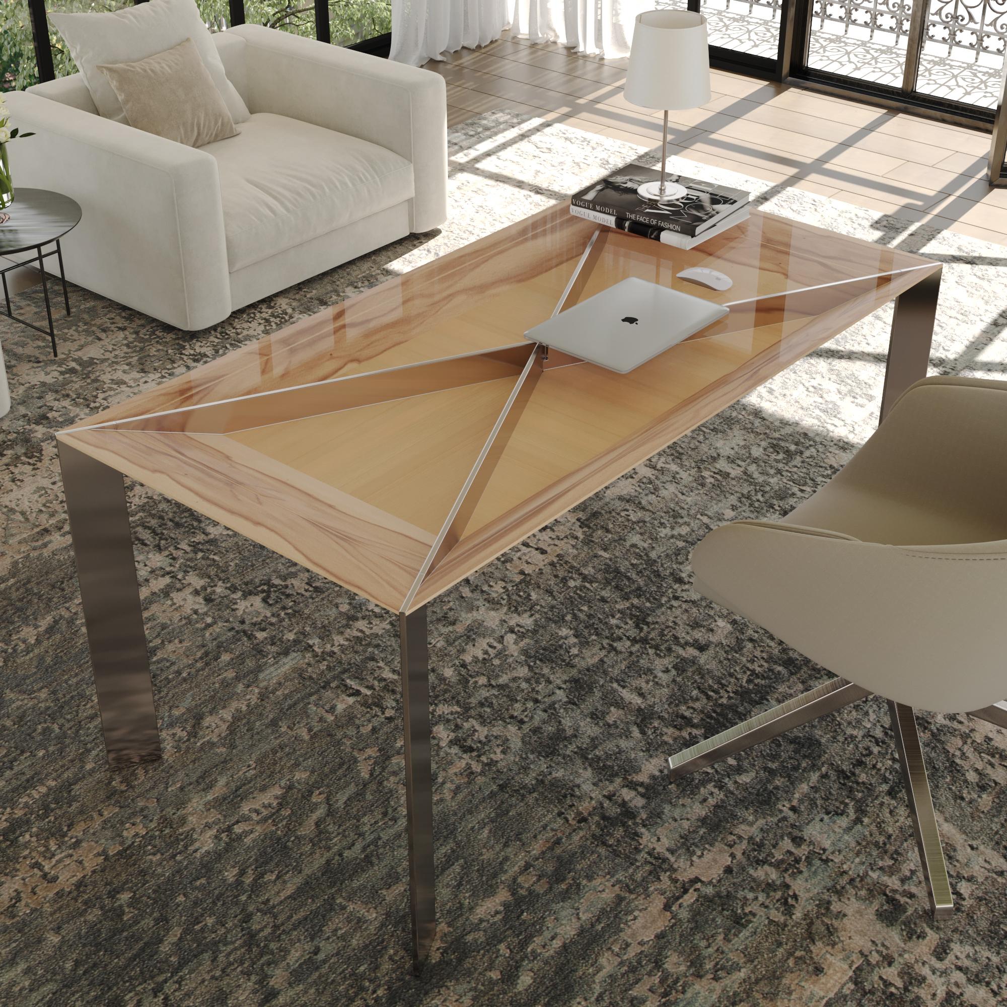 Bureau d'écriture moderne et minimaliste pour la maison en bois de citronnier et acier inoxydable brossé en vente 3