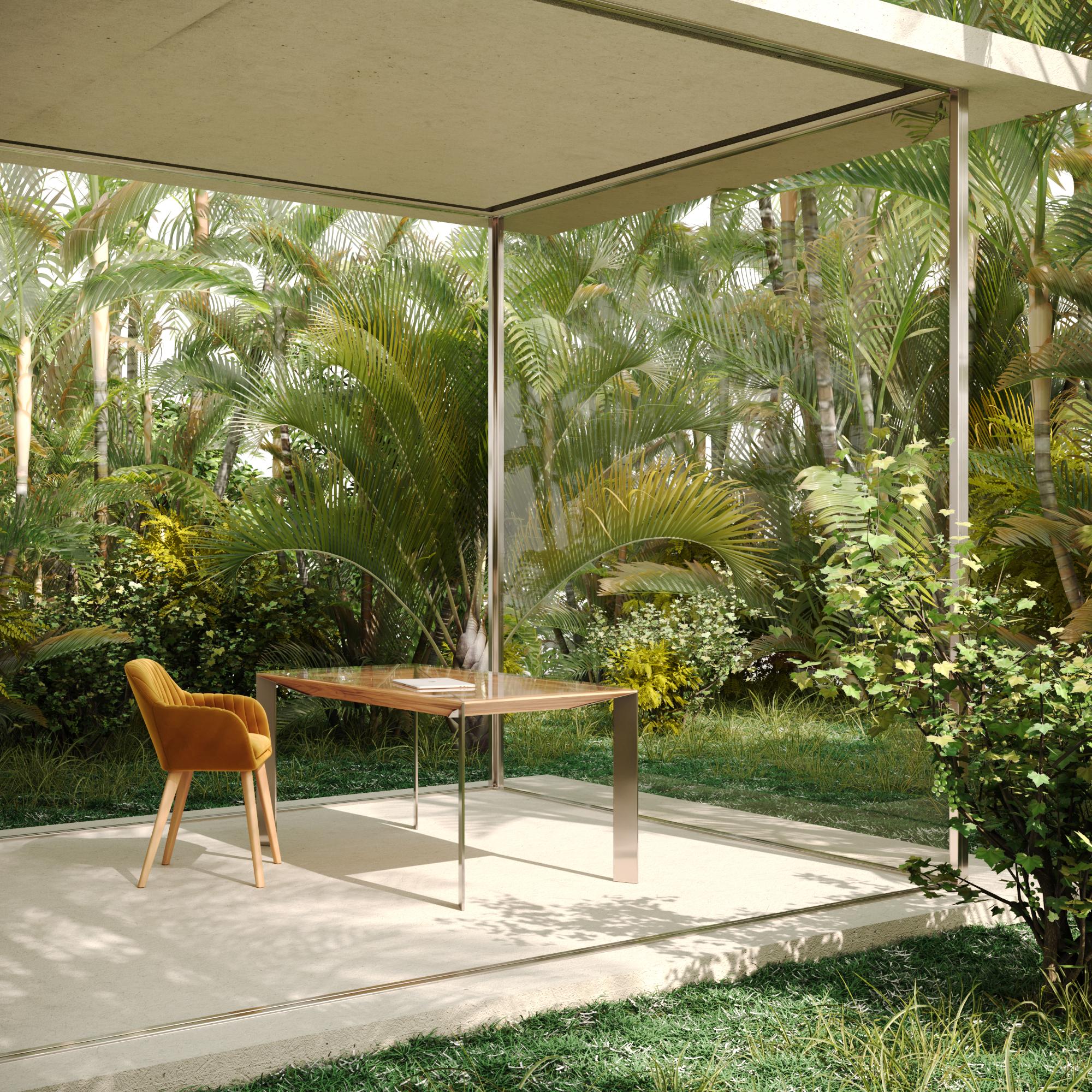Placage Bureau d'écriture moderne et minimaliste pour la maison en bois de citronnier et acier inoxydable brossé en vente