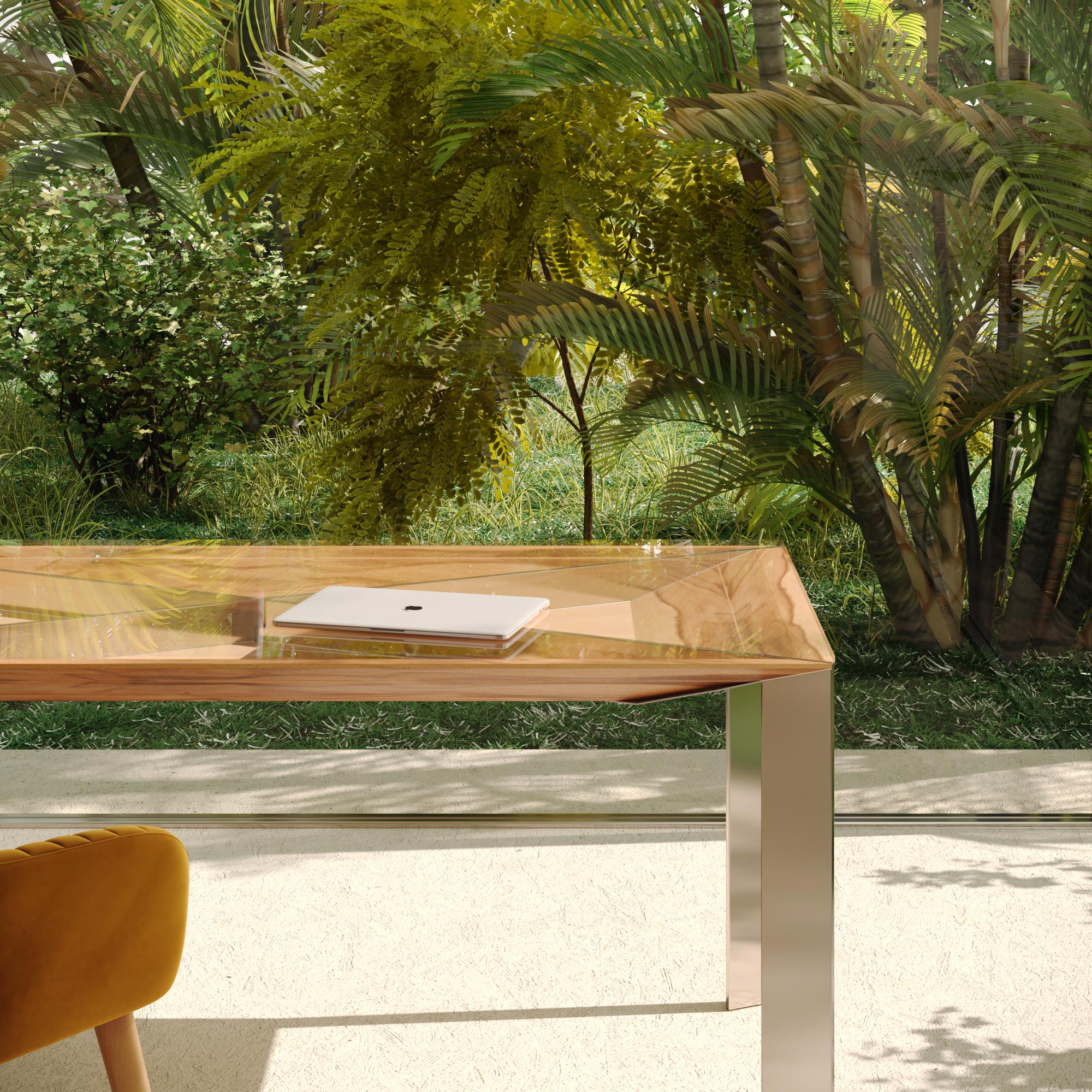 Verre Bureau d'écriture moderne et minimaliste pour la maison en bois de citronnier et acier inoxydable brossé en vente