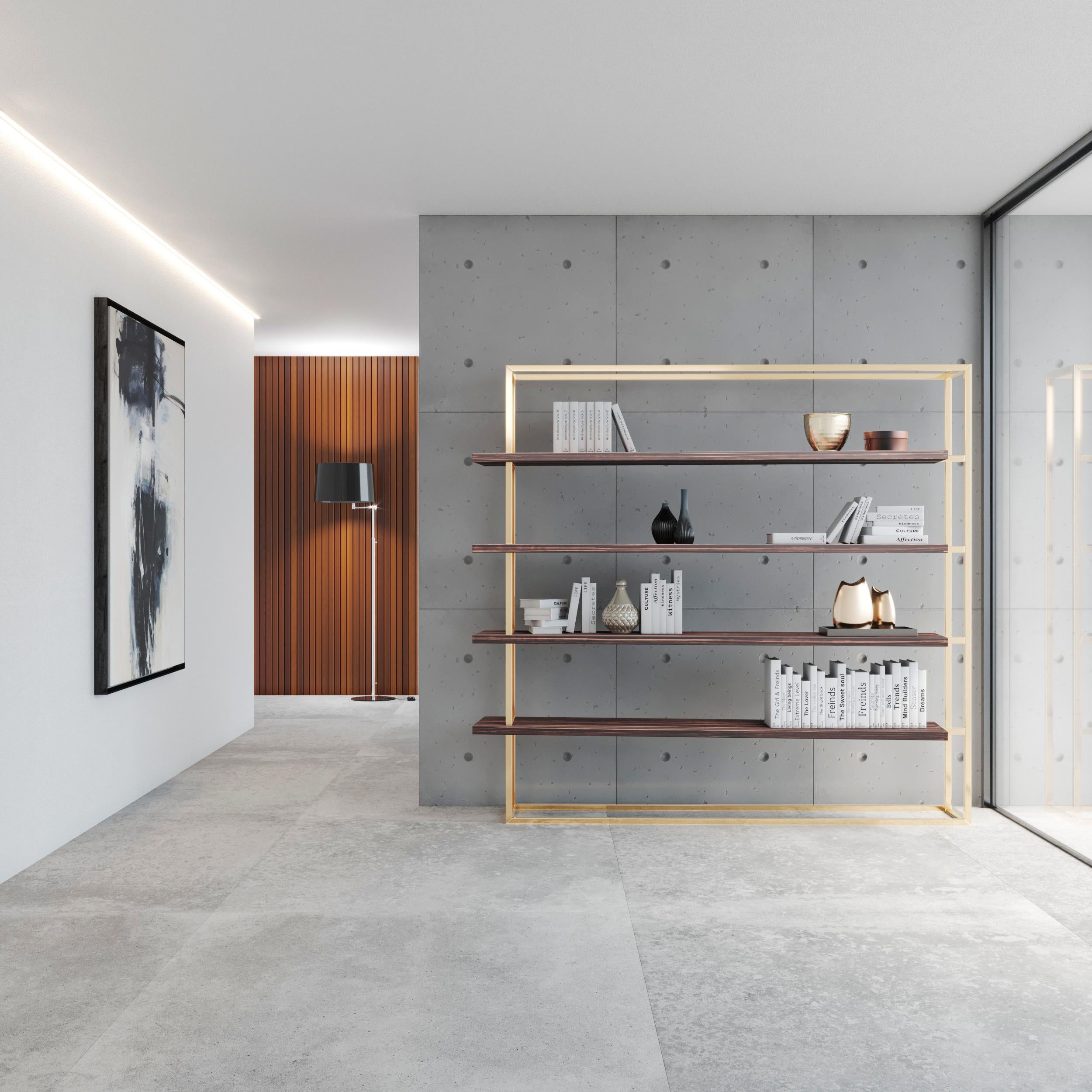 Modernes, minimalistisches, großes Bücherregal mit Einlegeböden aus Eichenholz und gebürstetem Edelstahl (21. Jahrhundert und zeitgenössisch) im Angebot