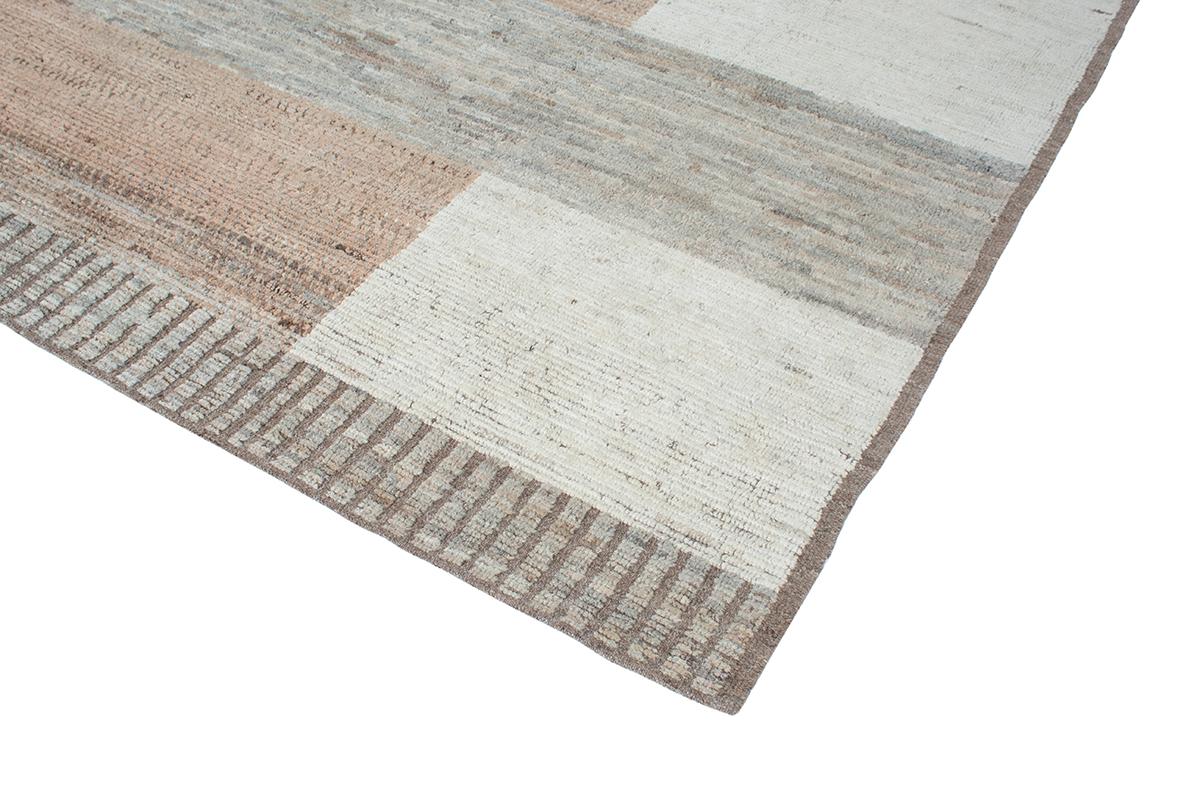 Hand-Knotted Modern Minimalist Mid-Century Style Wool Rug in Beige, Copper, and Grey Tones For Sale