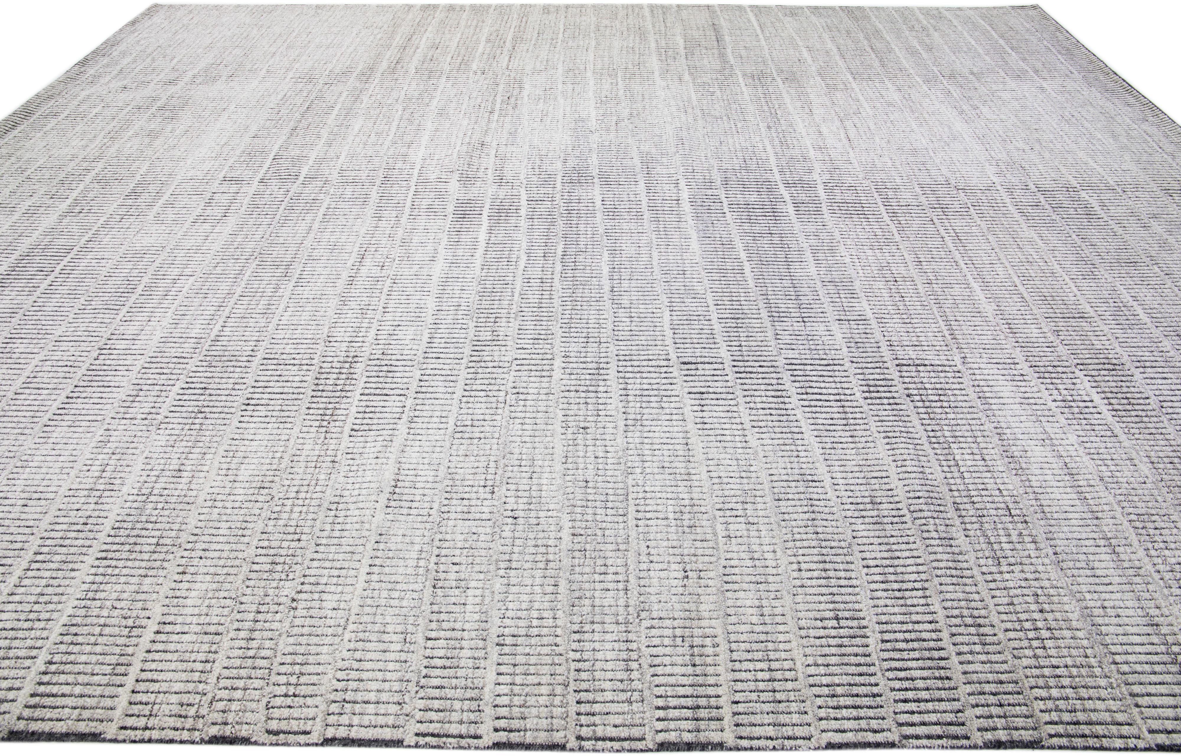 Hand-Knotted Modern Minimalist Moroccan Style Oversize Wool Rug In Gray by Apadana For Sale